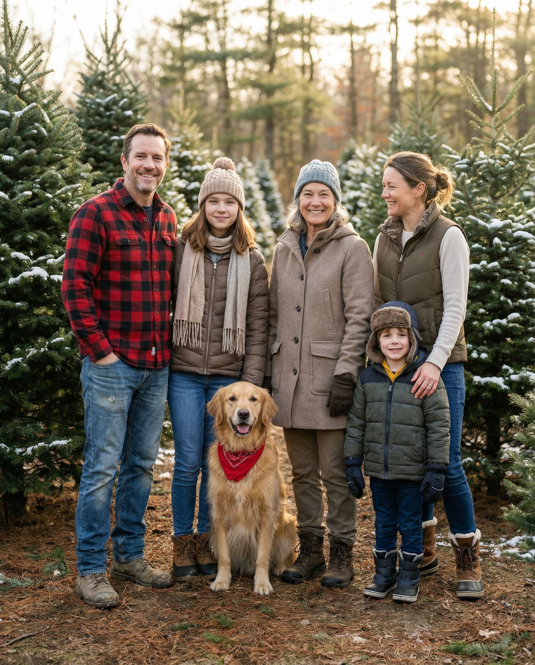 Family Christmas photoshoot among evergreen trees