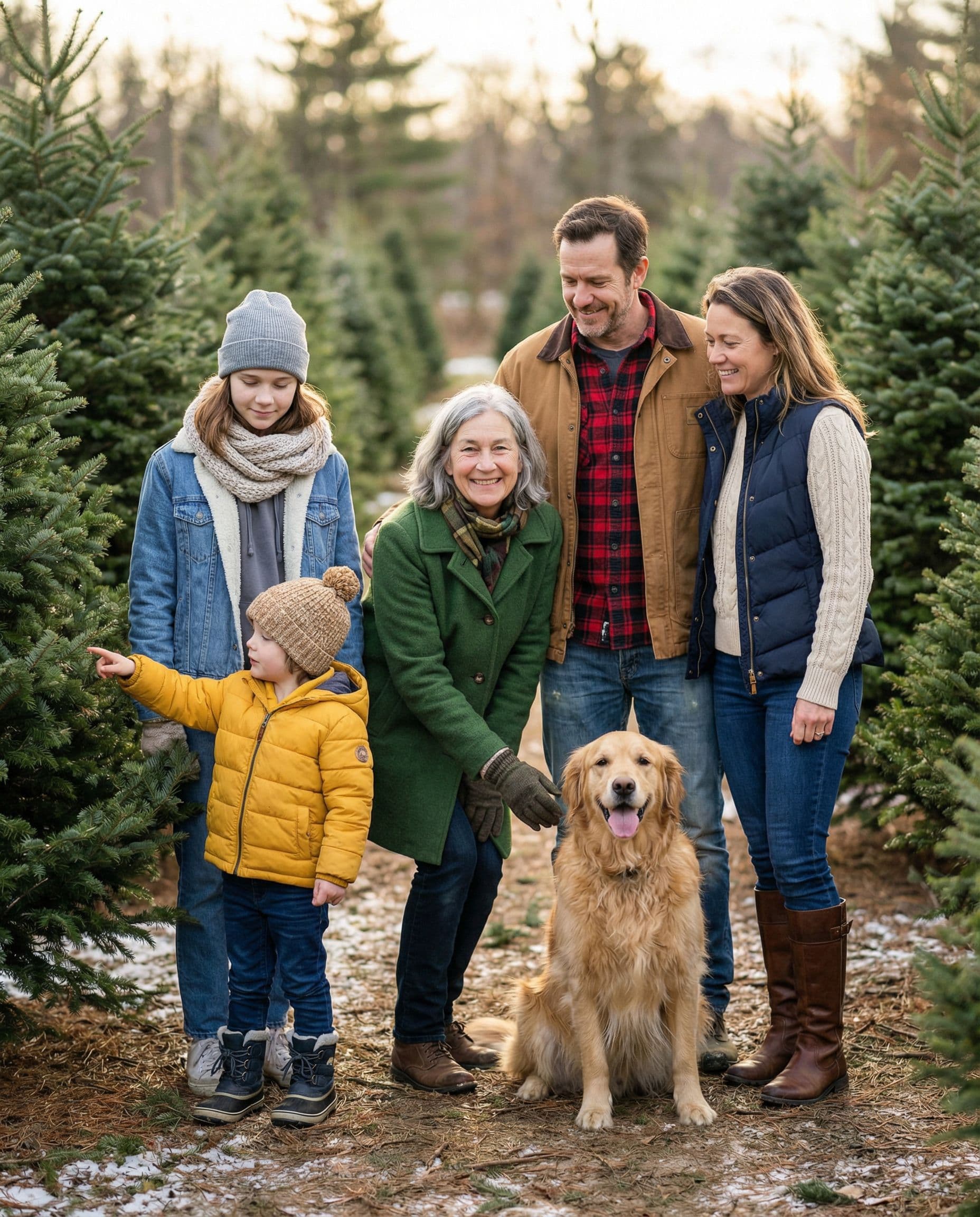AI Christmas family photoshoot at a tree farm