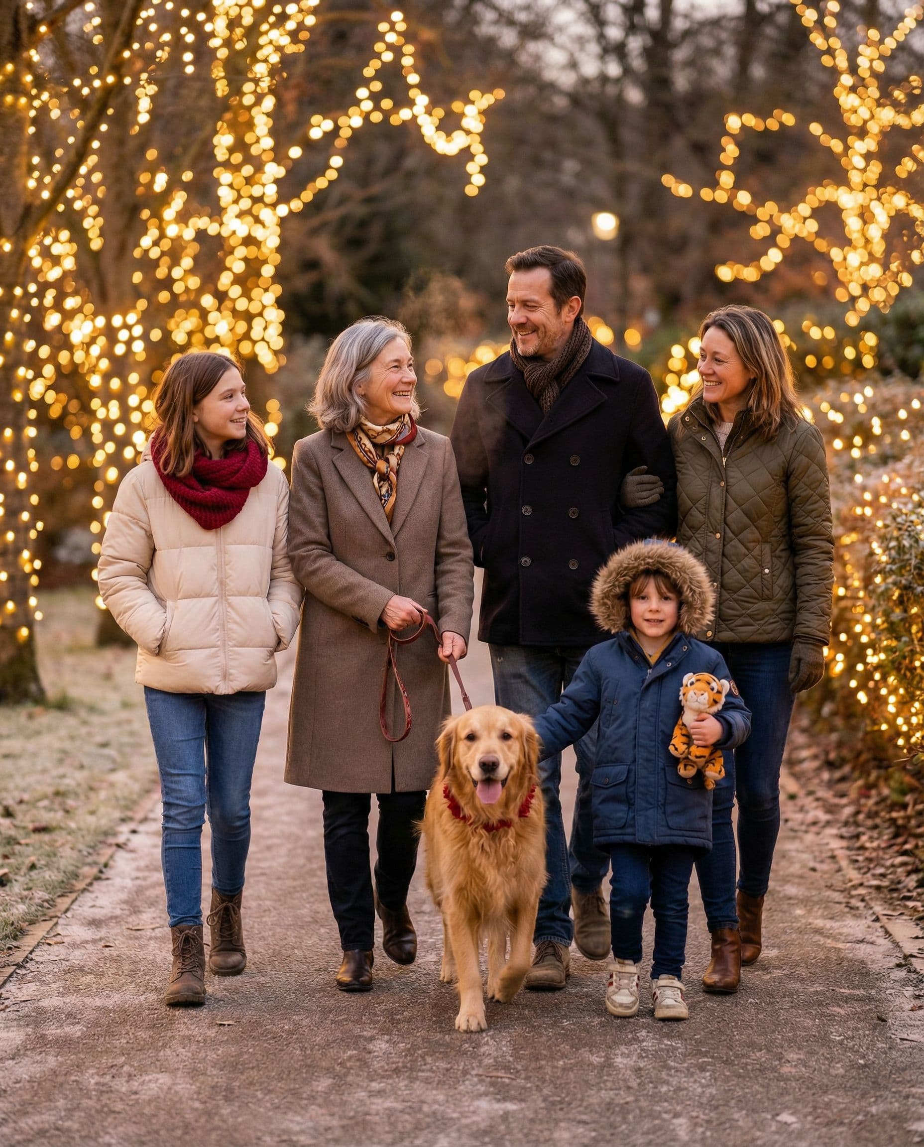 AI Christmas photo on an evening holiday lights stroll