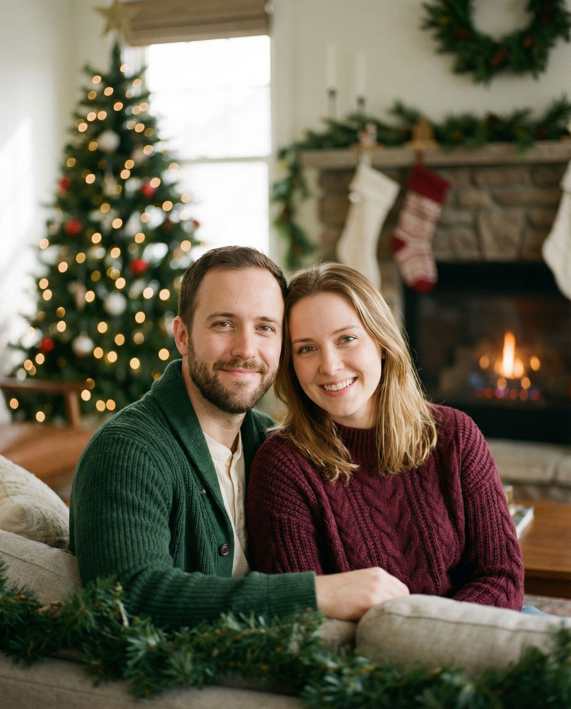 AI Christmas photo of a couple by a cozy fireplace
