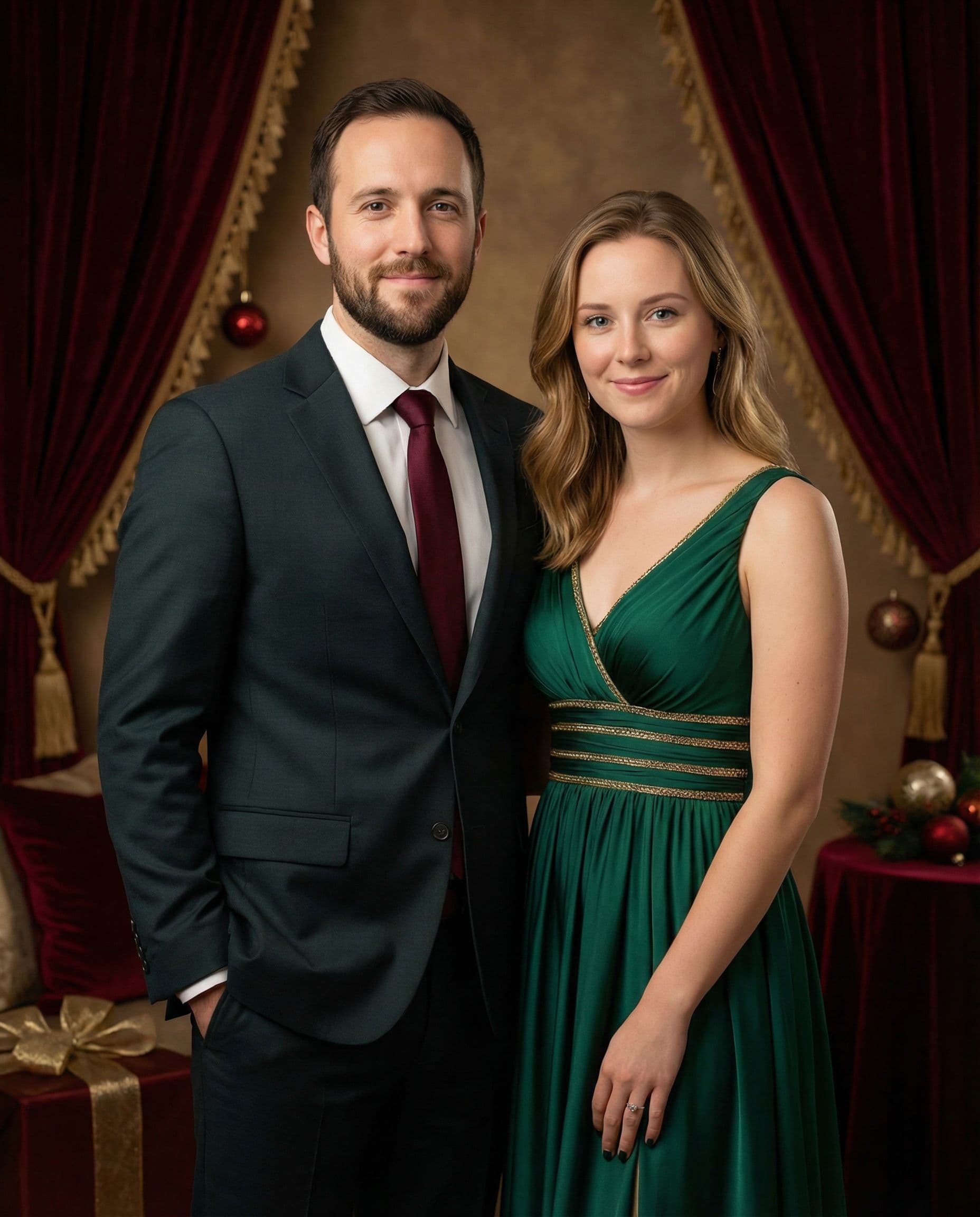 Elegant studio Christmas photoshoot in red and gold