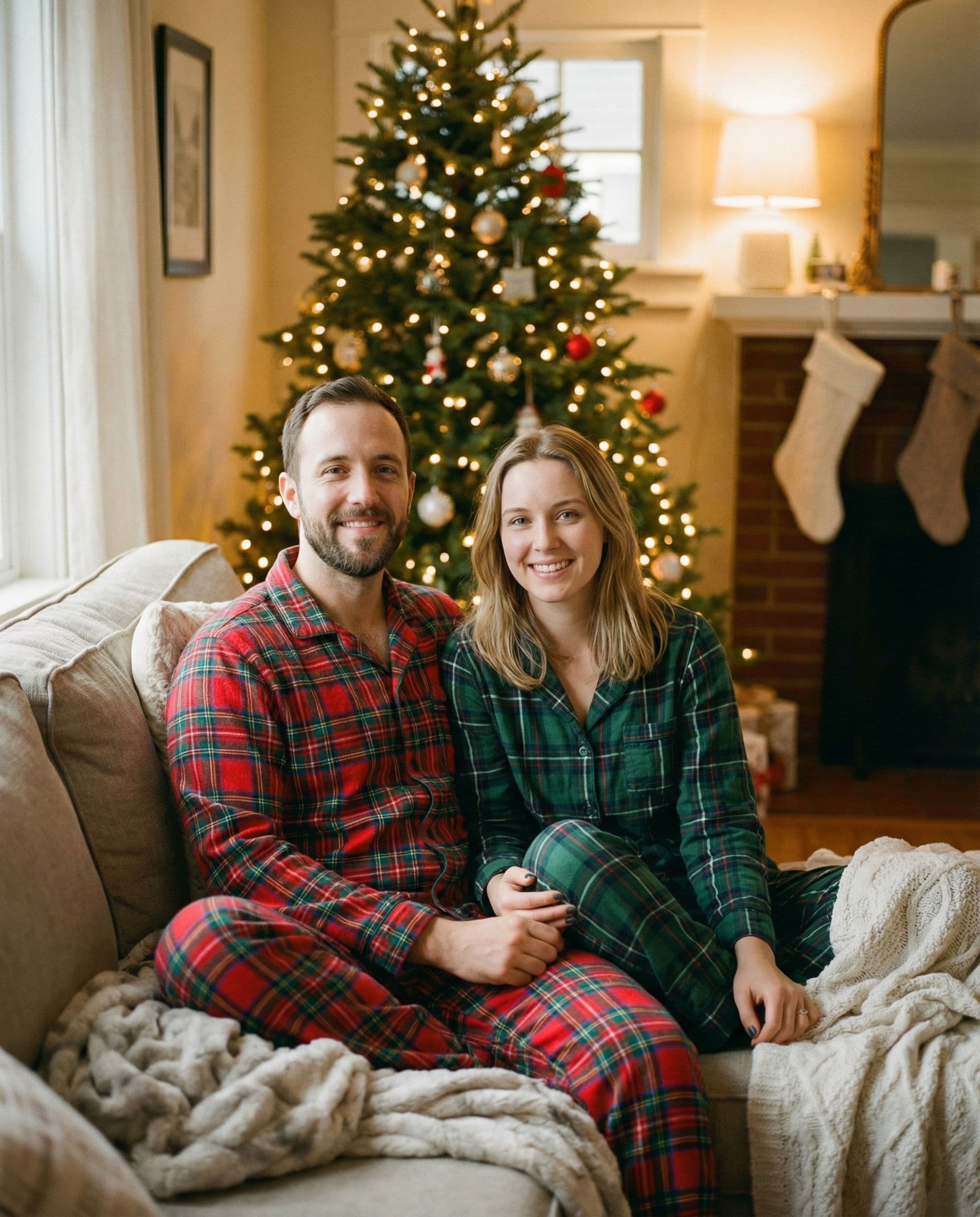 Matching pajamas couples Christmas photoshoot example 1