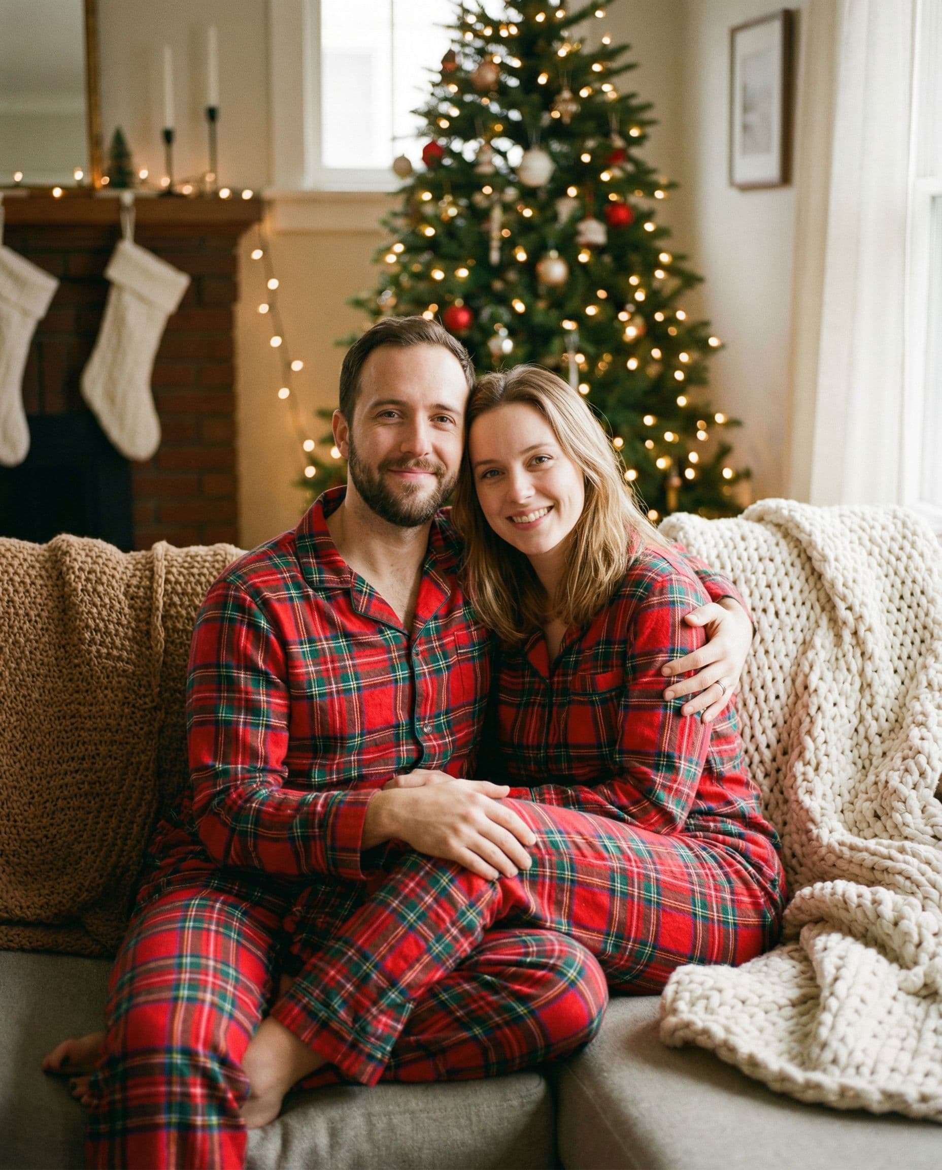 Cozy matching pajamas couples Christmas picture