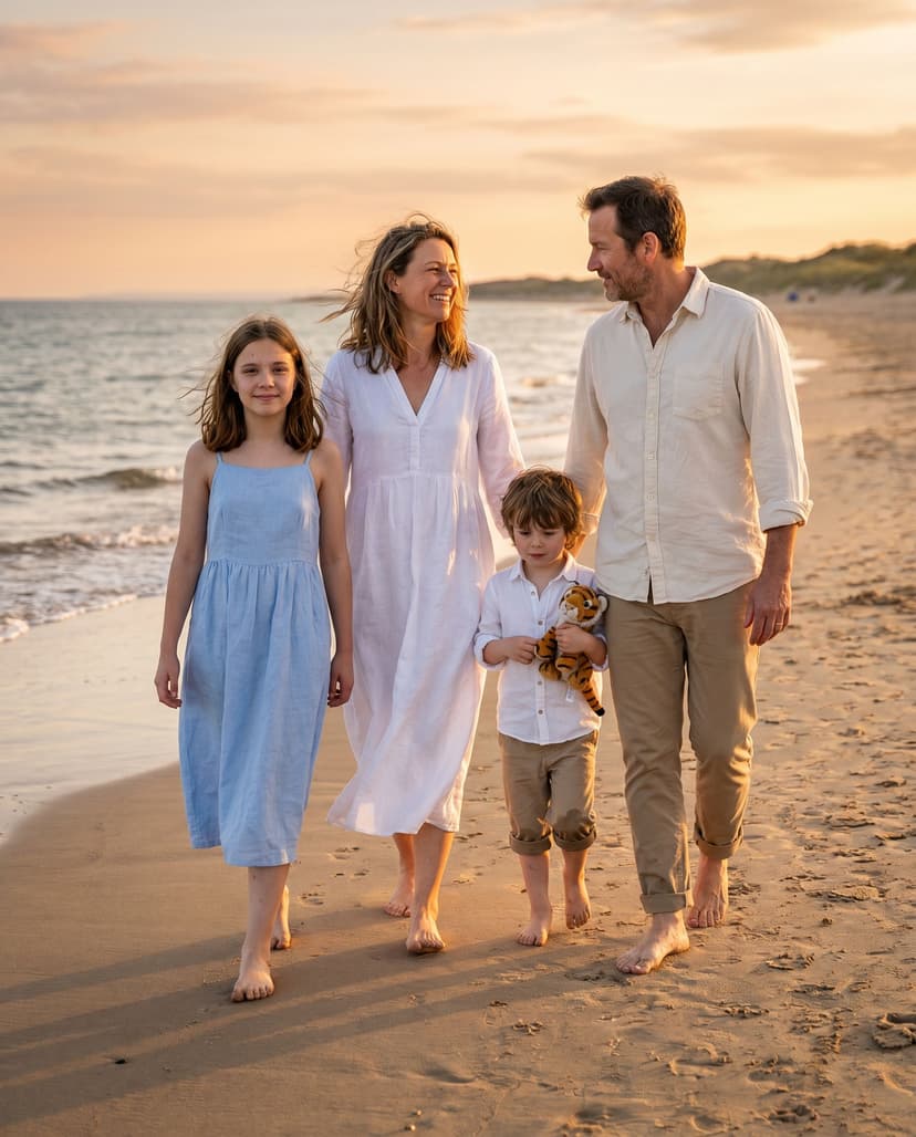 AI family photoshoot result — beach portrait at golden hour