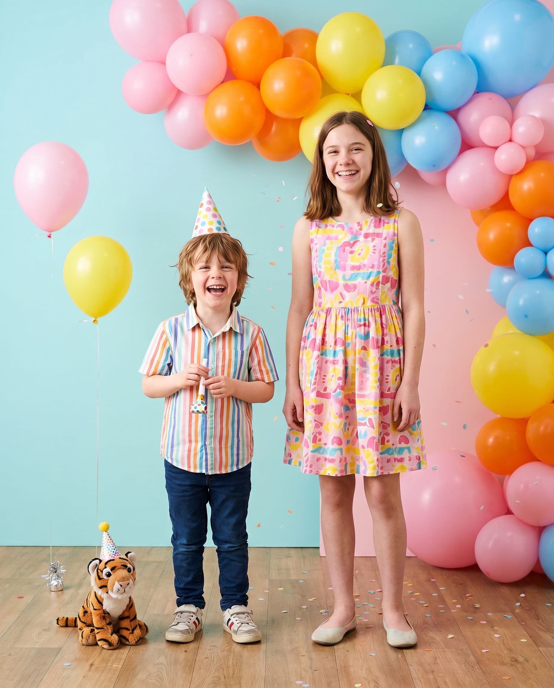 Kids birthday photoshoot with balloons and confetti