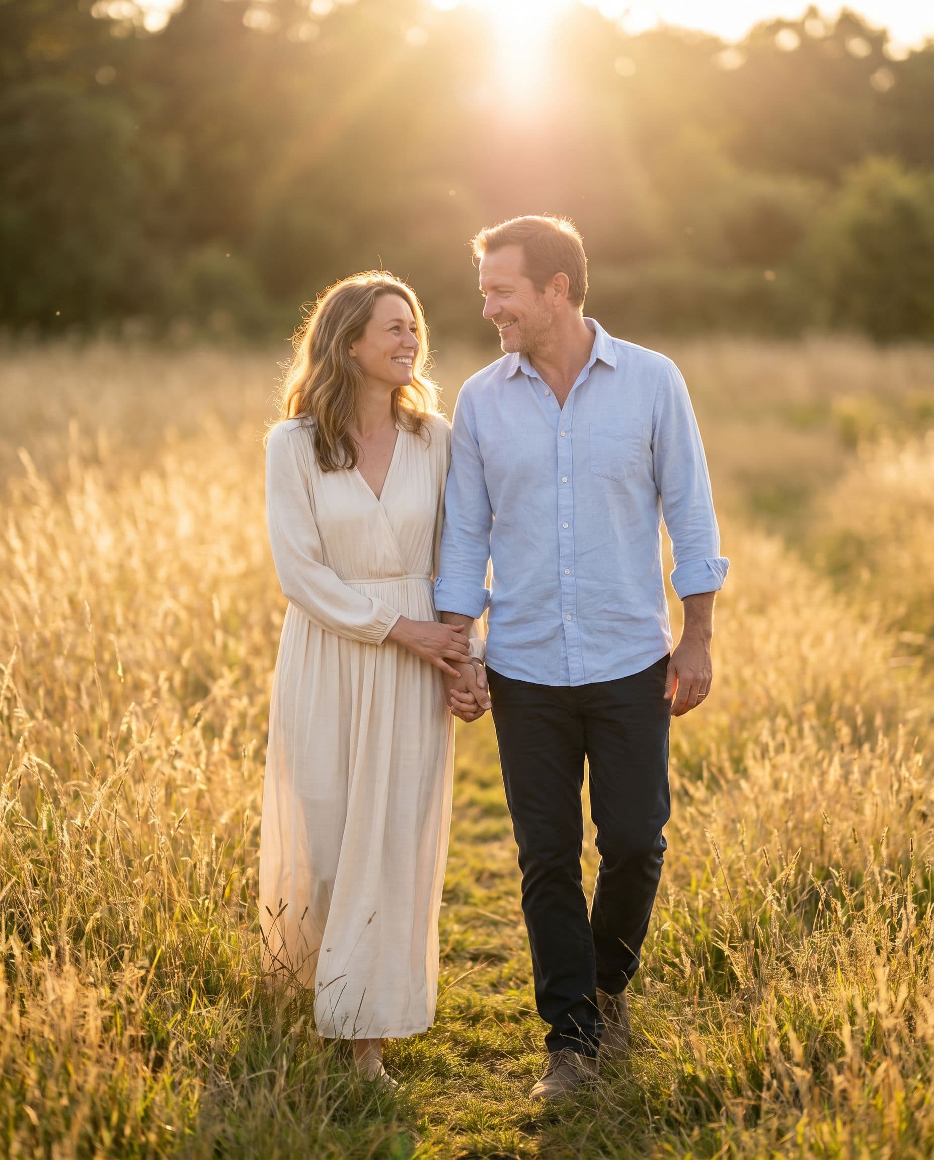 Couples photoshoot at golden hour in a field