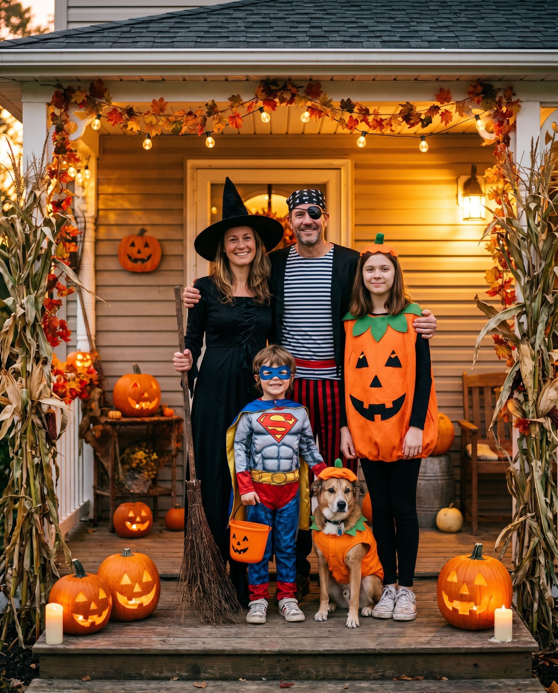 Family Halloween photoshoot in costumes on a decorated porch