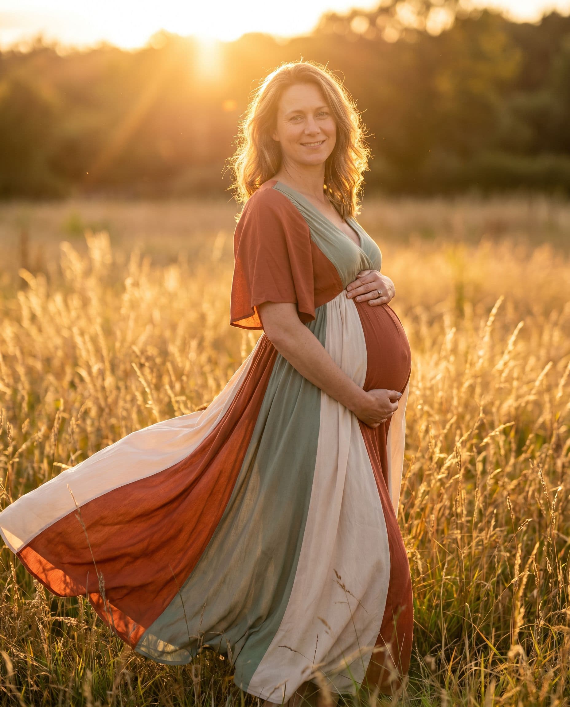 Golden field maternity photoshoot at sunset