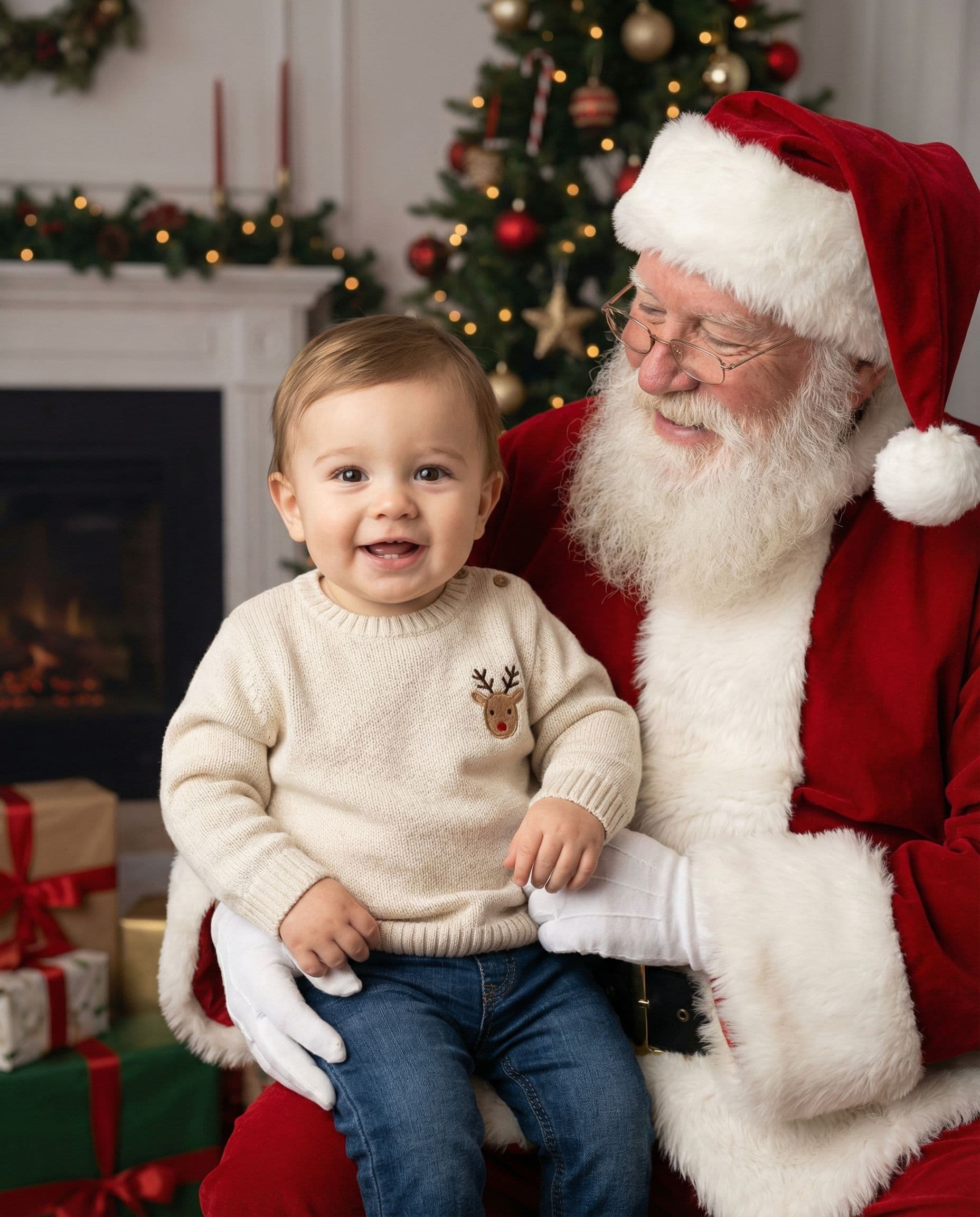 AI Christmas photo of a child with Santa in his workshop