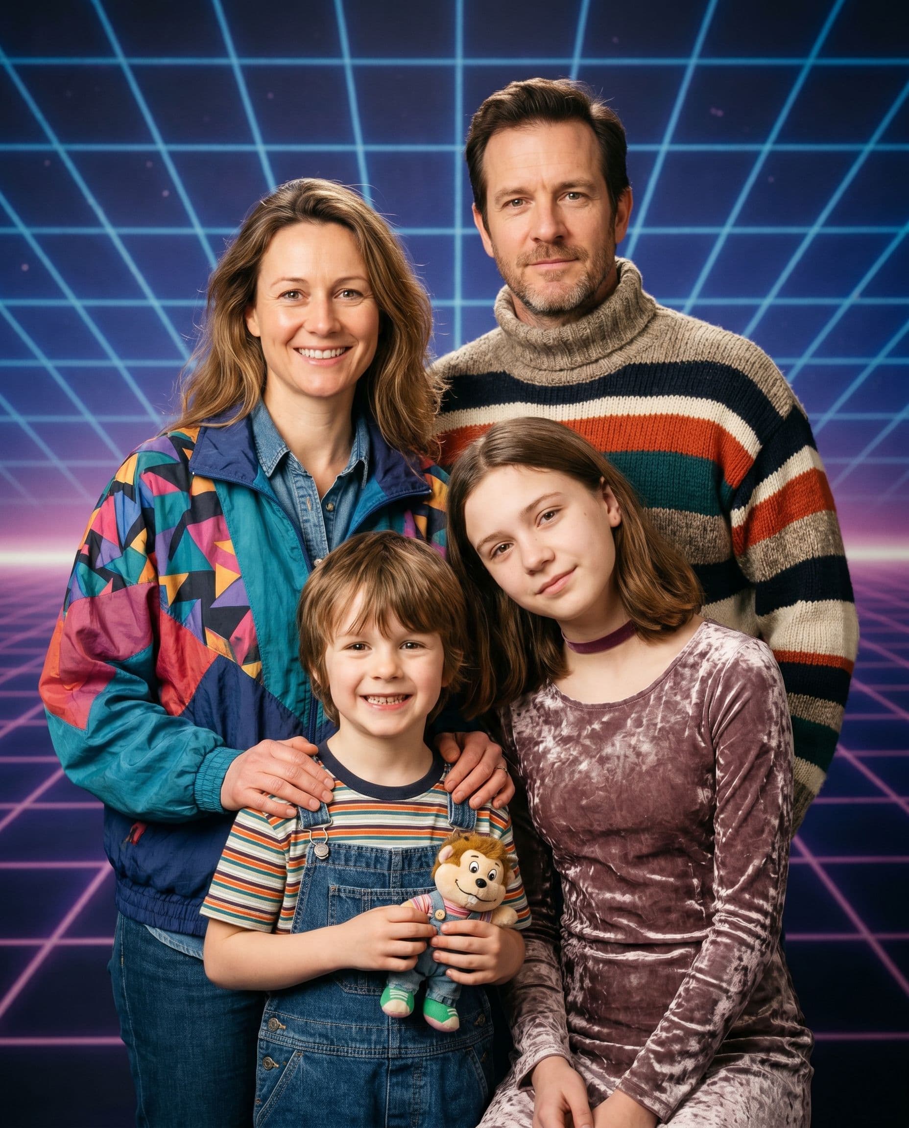 90s photoshoot family portrait with laser grid backdrop