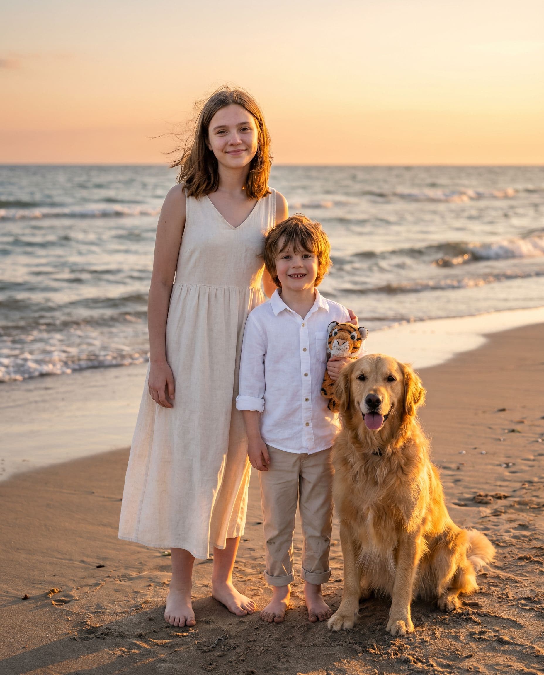 Kids and dog beach family photoshoot at golden hour