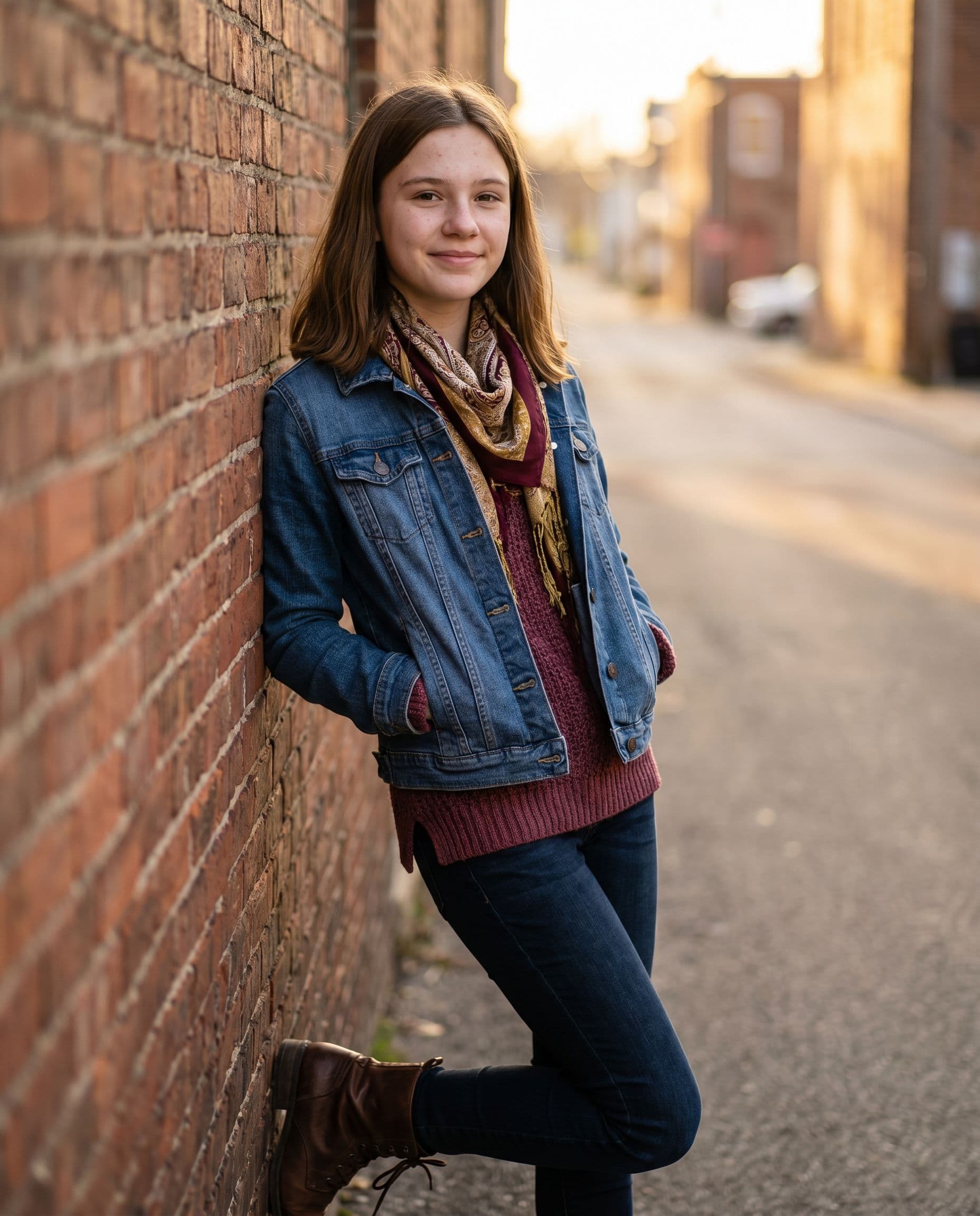 Urban senior photoshoot at dusk with string lights