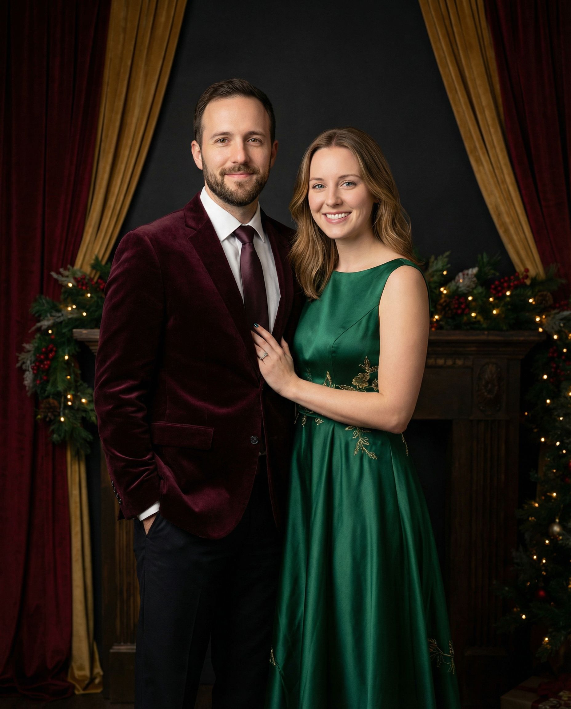 Formal couples Christmas portrait with studio lighting