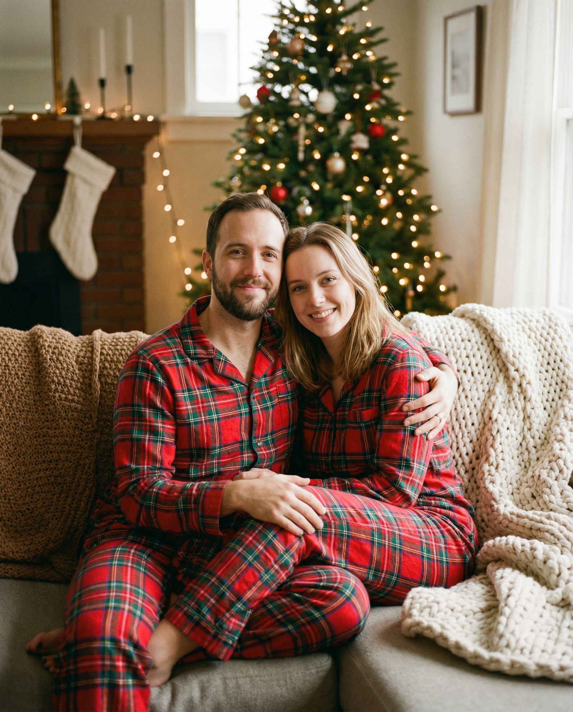 Cozy matching pajamas couples Christmas picture