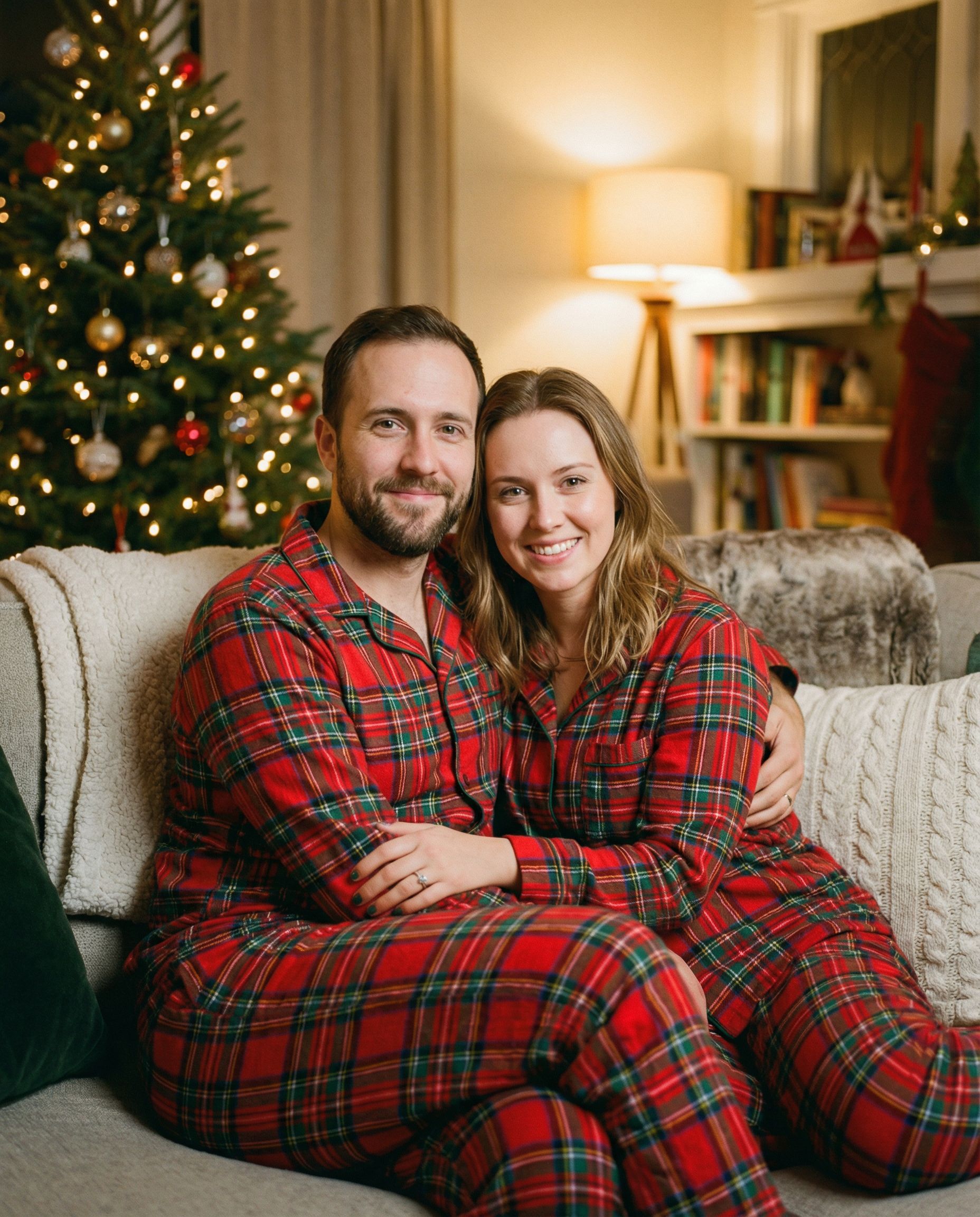 Matching pajamas couples Christmas photoshoot example 4