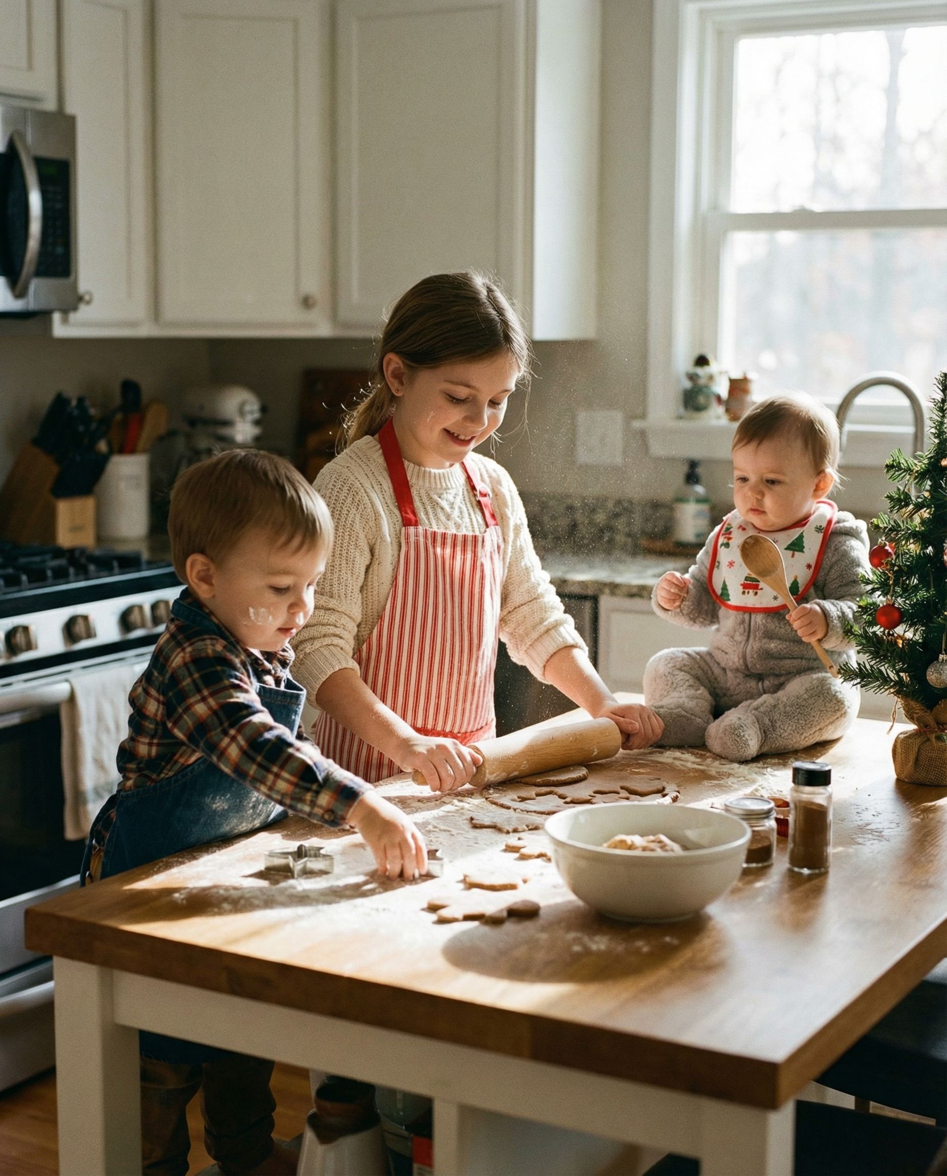 Kids in a family Christmas photo baking gingerbread