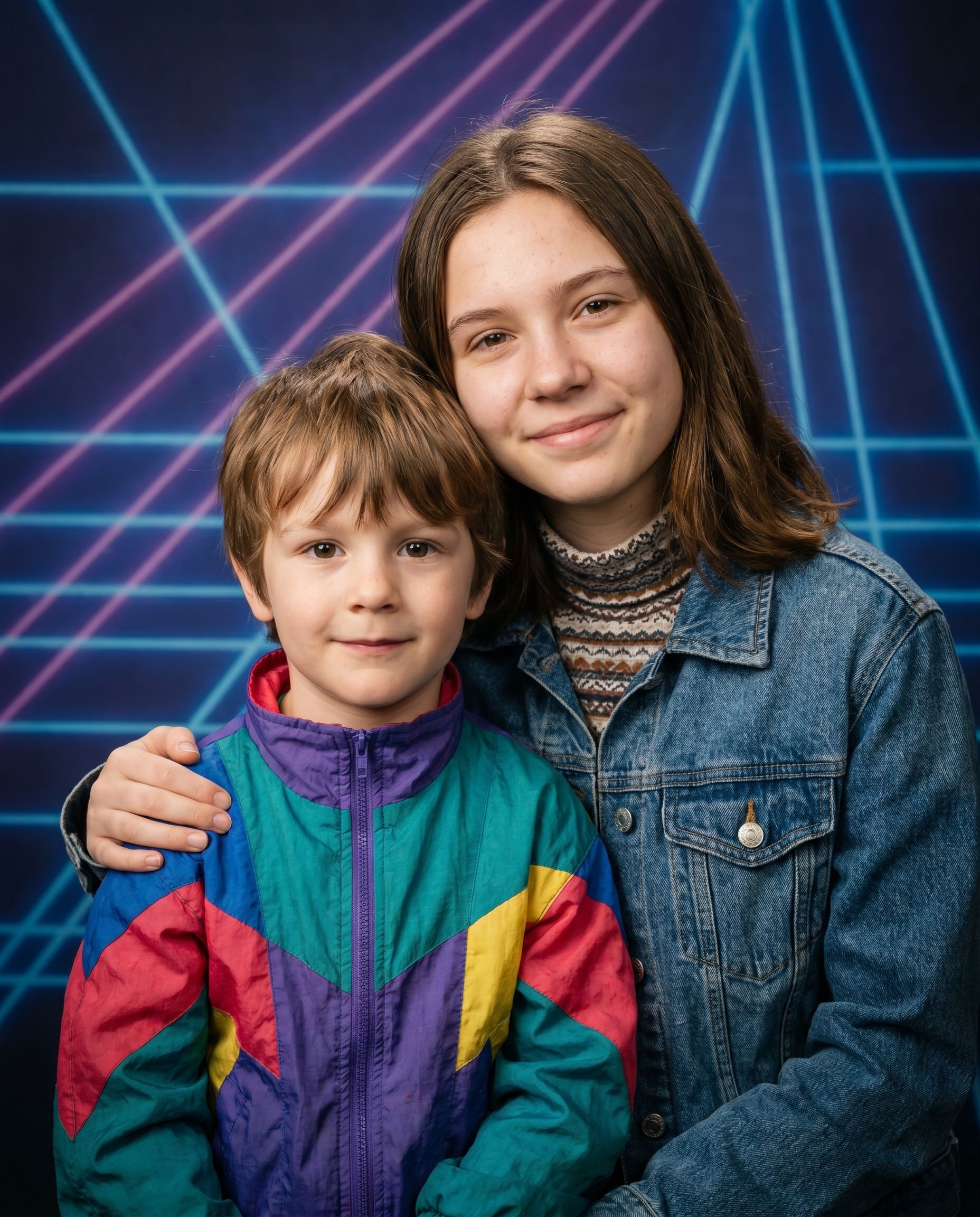 Siblings 90s mall studio portrait in denim