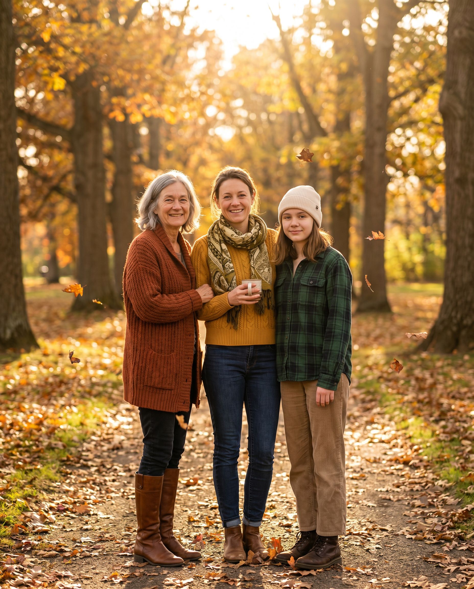 Three generations in a fall family photo with golden leaves
