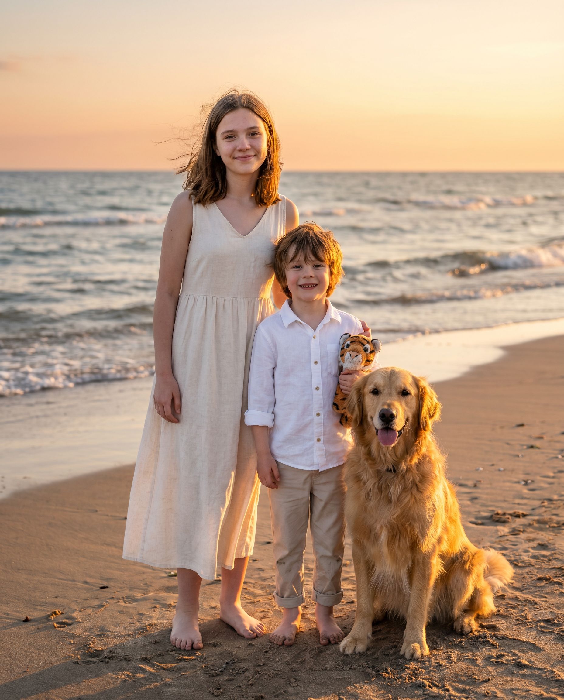 Kids and dog beach family photoshoot at golden hour