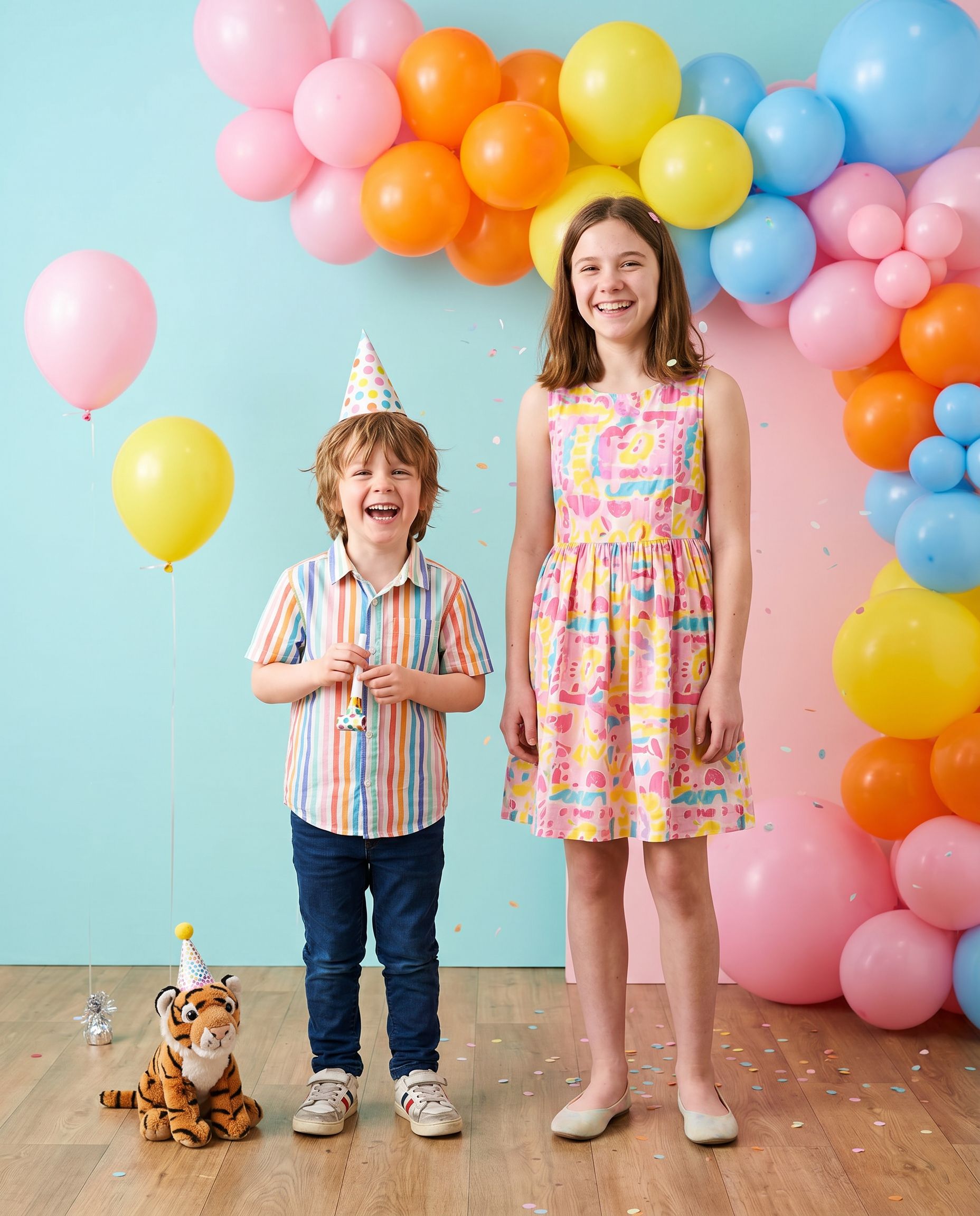 Kids birthday photoshoot with balloons and confetti