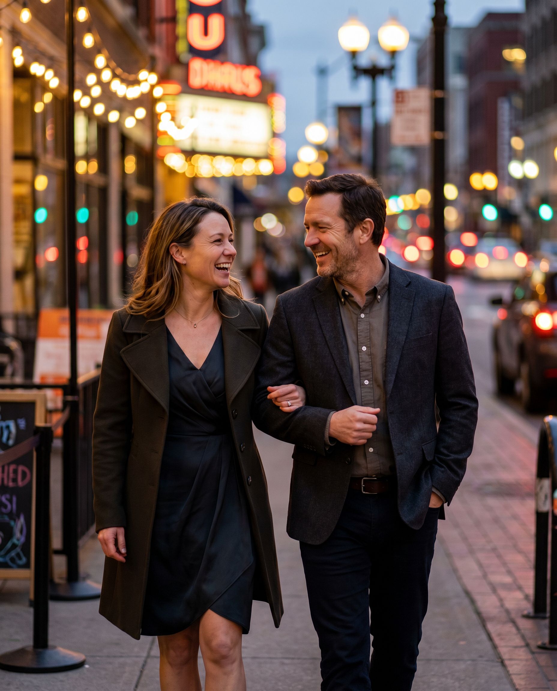 City date night couples photoshoot with bokeh lights