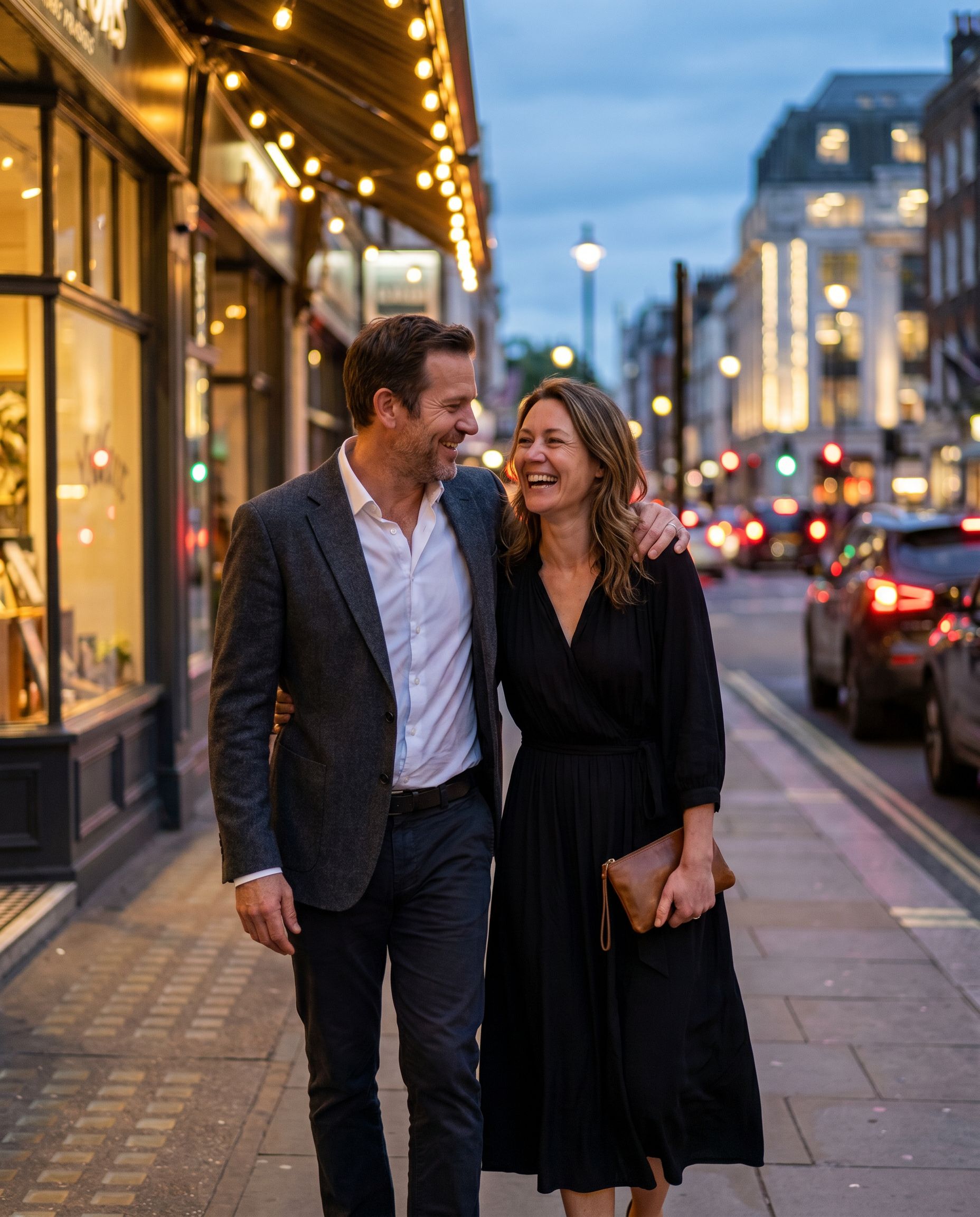 Dressed up couple photoshoot in the city at dusk