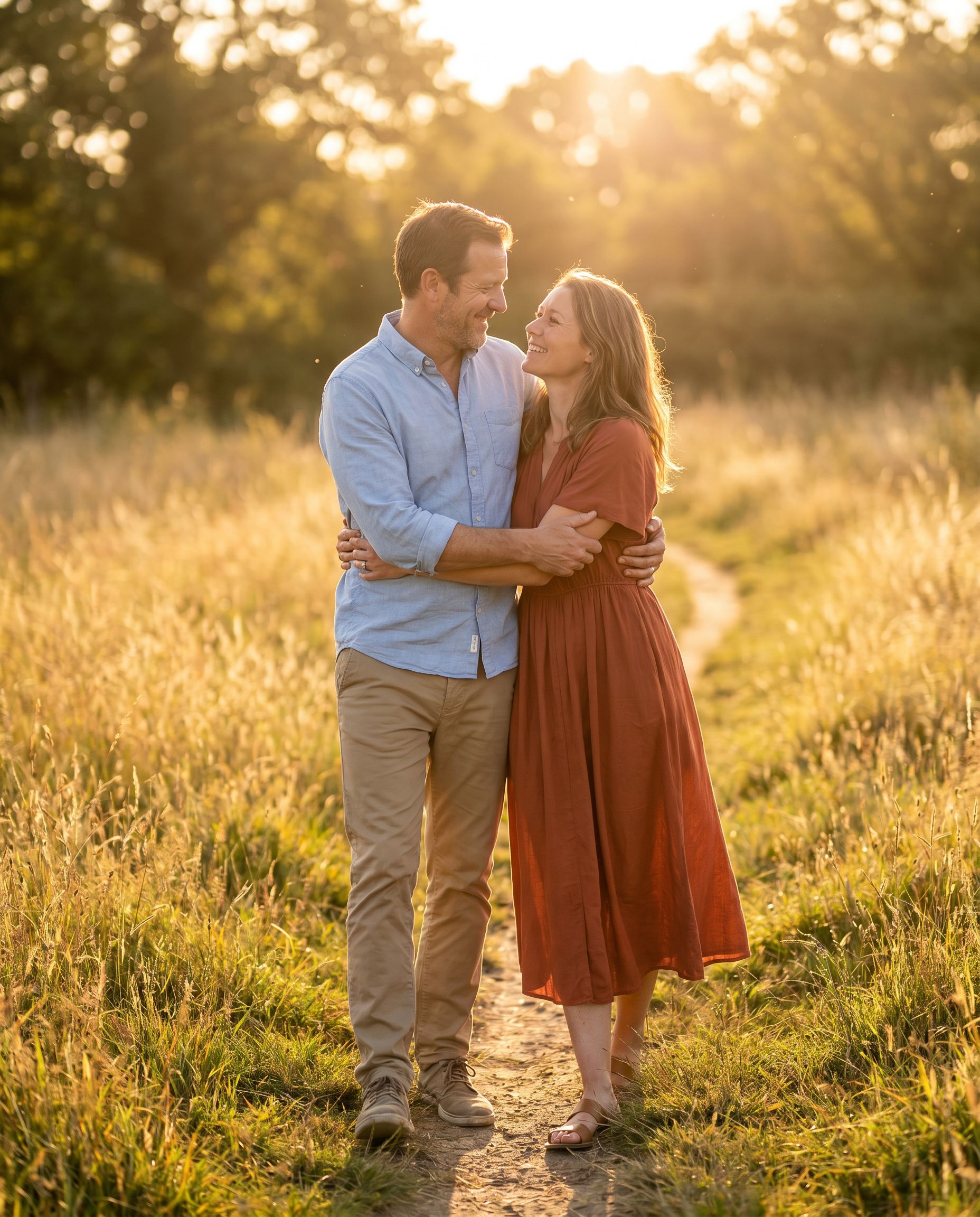 Romantic sunset couple photoshoot walking in golden grass