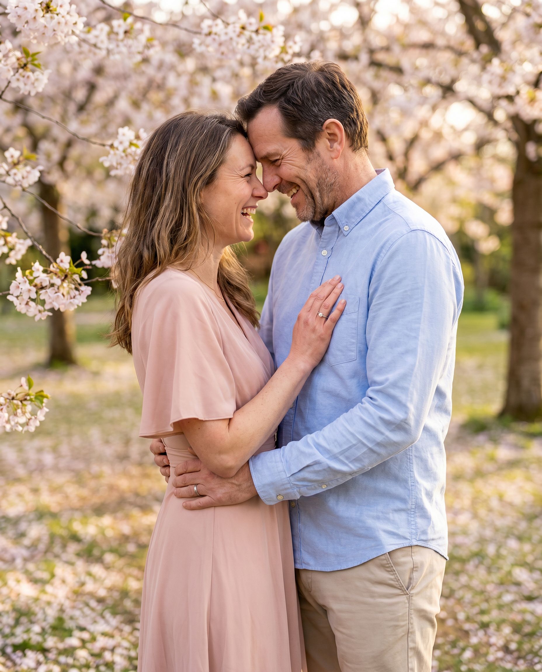 Engagement announcement photo in a blossoming garden