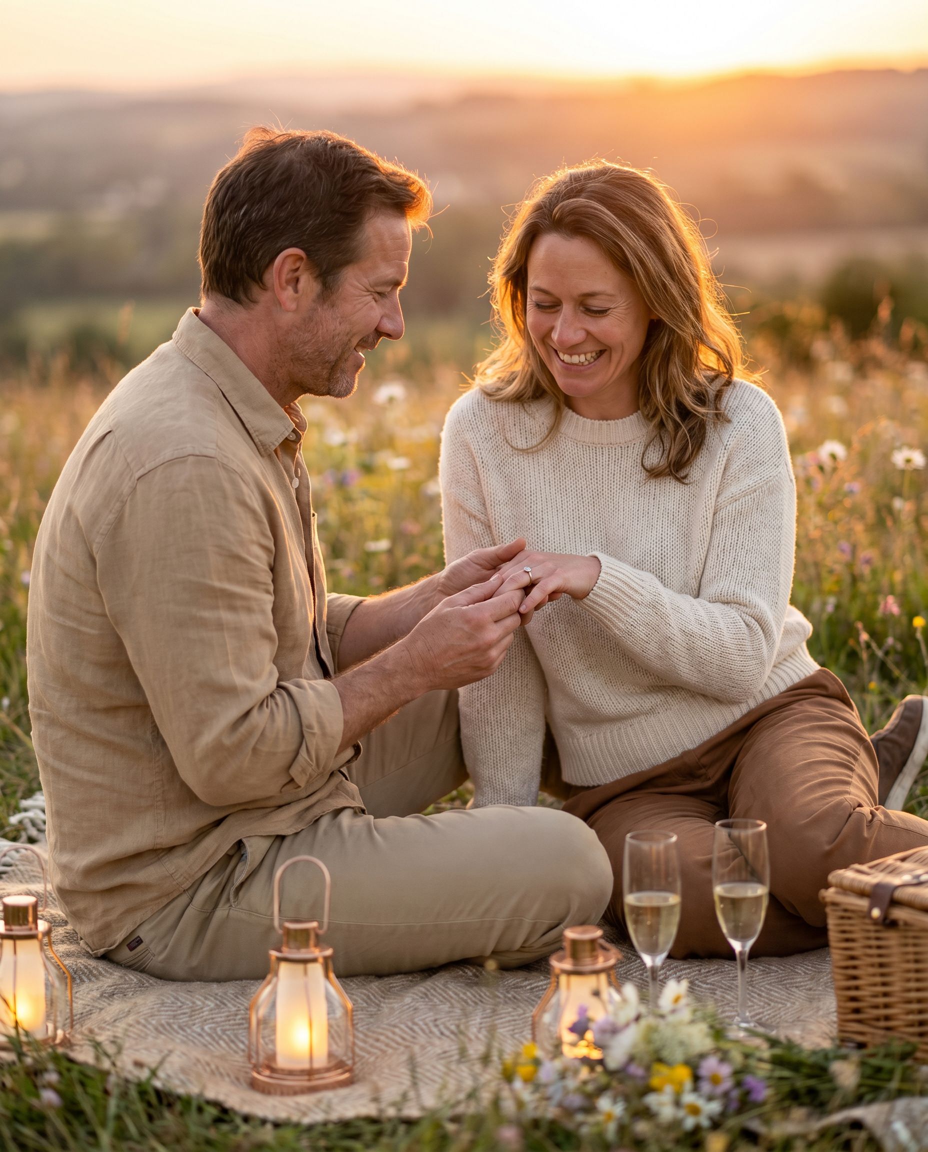 Sunset picnic engagement photo example 1