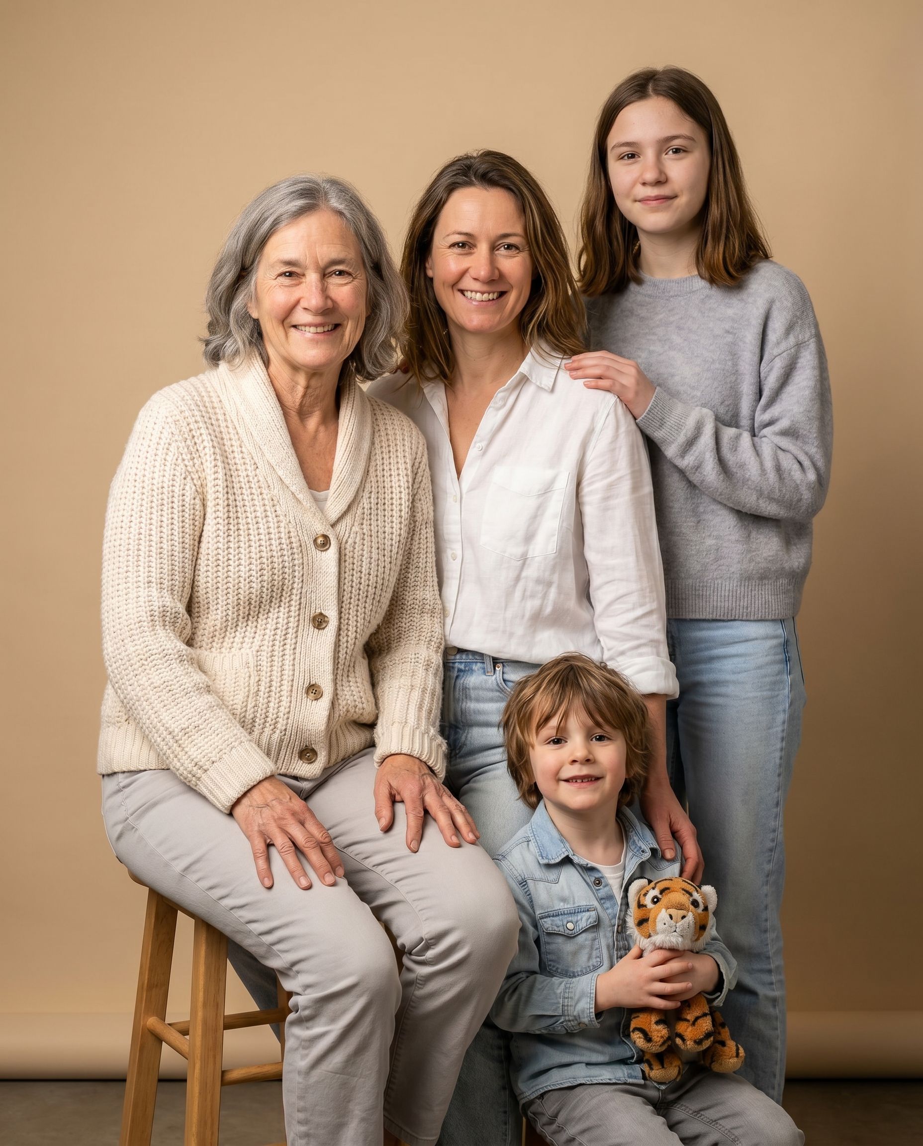 Three generations family photos in a studio setting