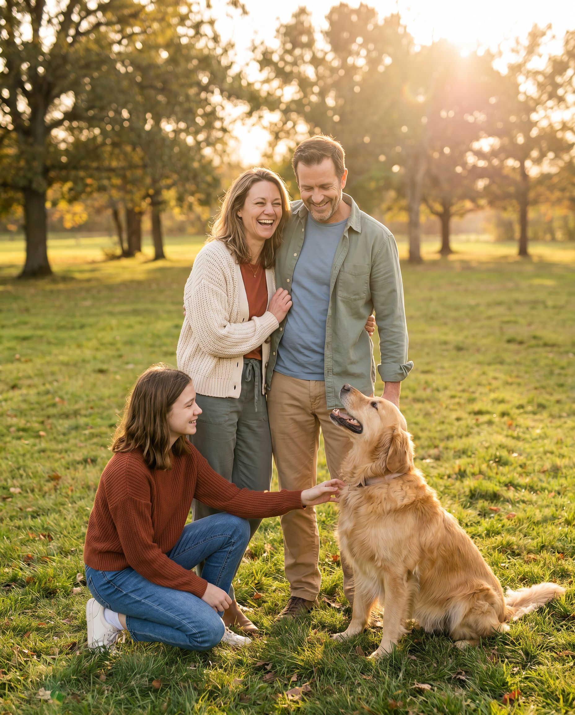 Family photoshoot with dog at sunset in a park