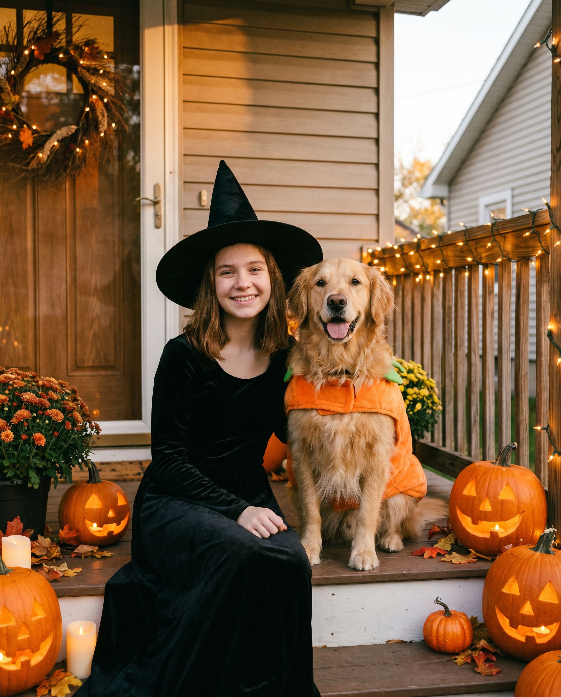 Girl and dog Halloween costume photo