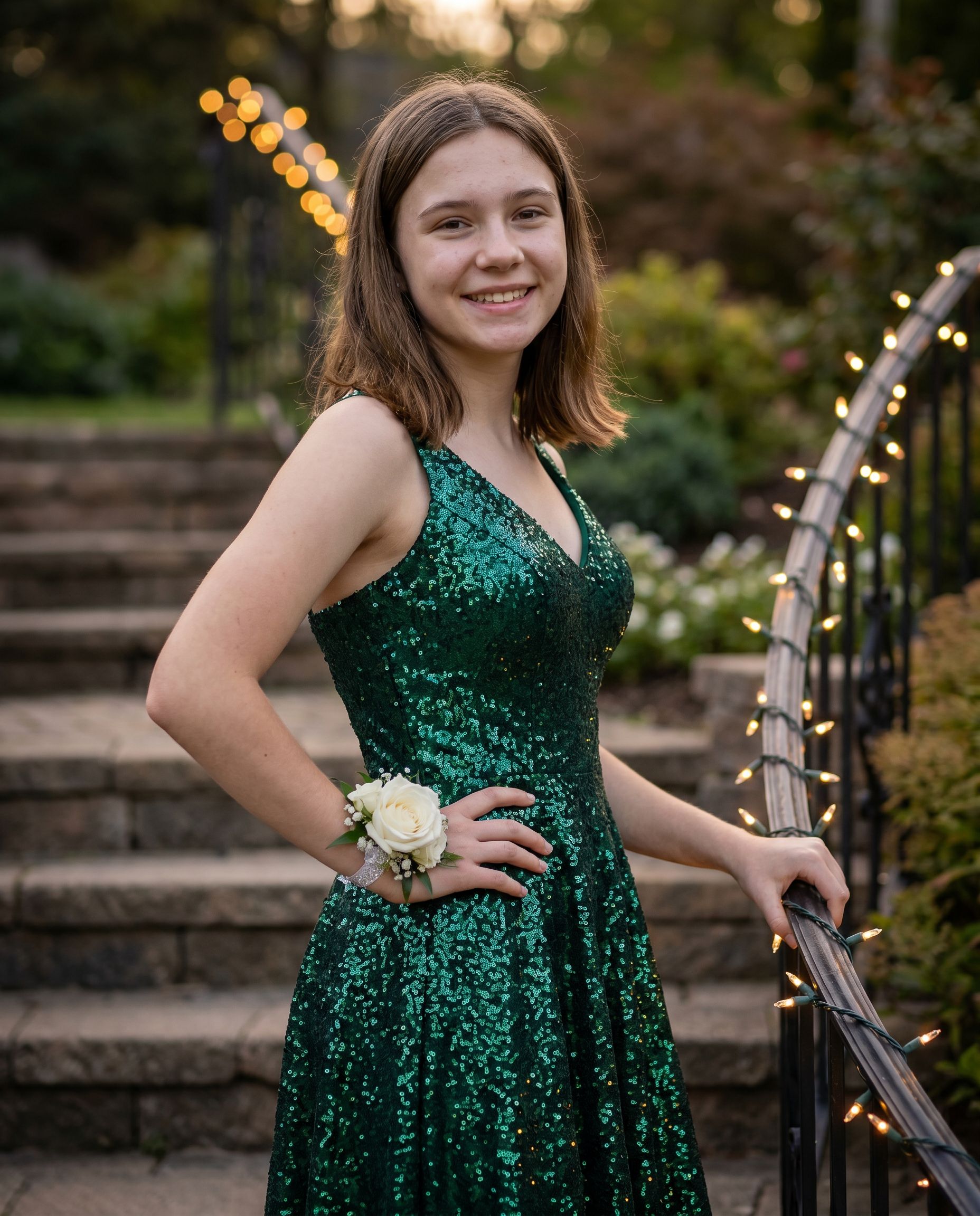 Homecoming photos in a garden with string lights