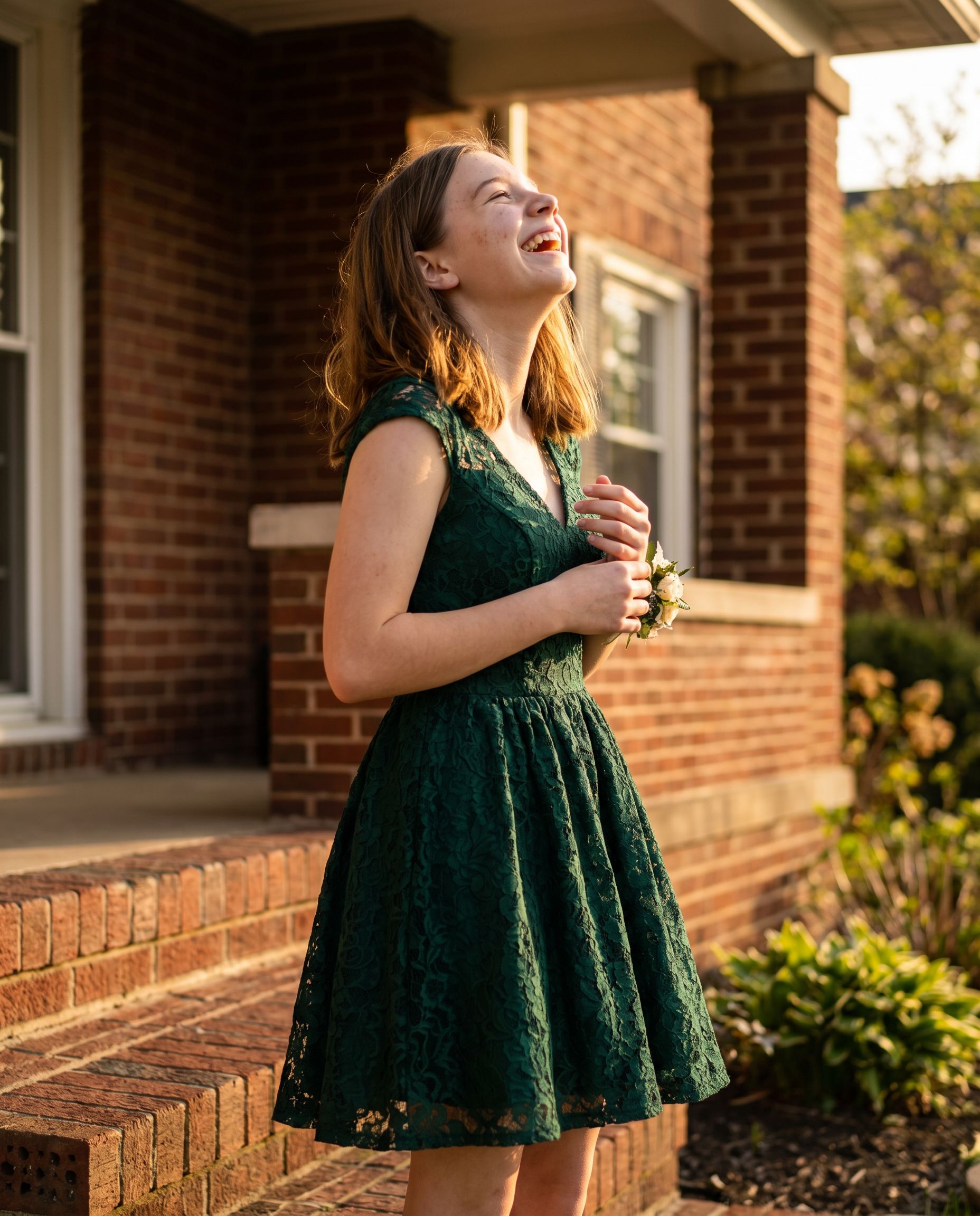 Homecoming photos on a brick porch at sunset