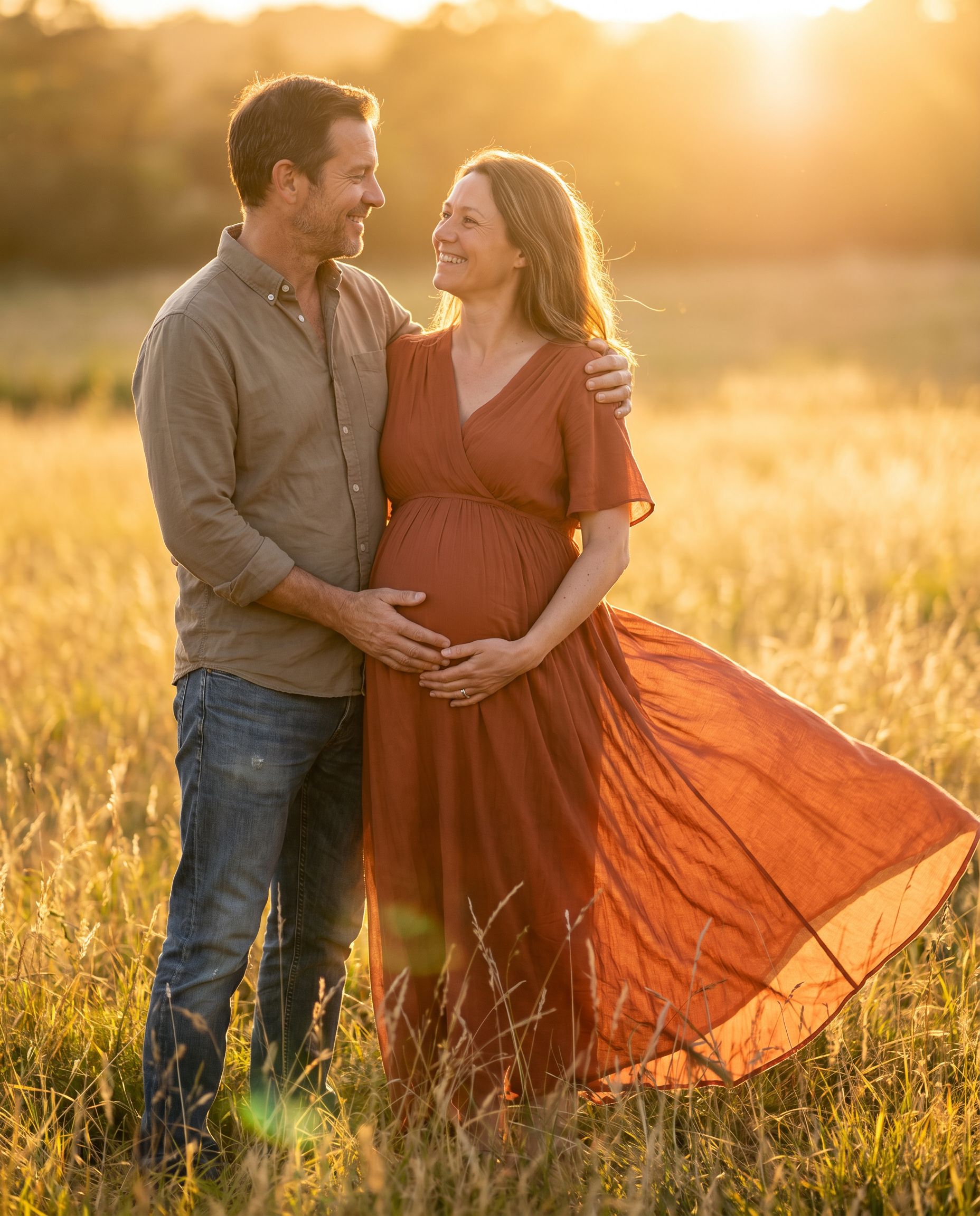 Couple maternity photoshoot in a sunset field
