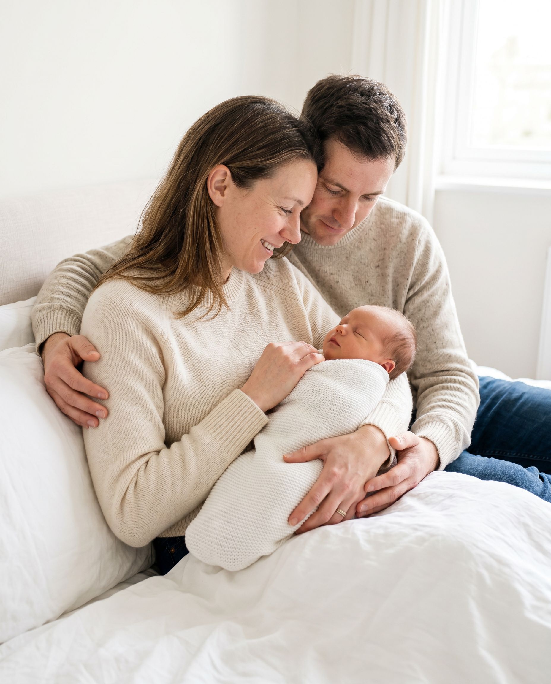 Mother holding newborn in bright airy bedroom photoshoot