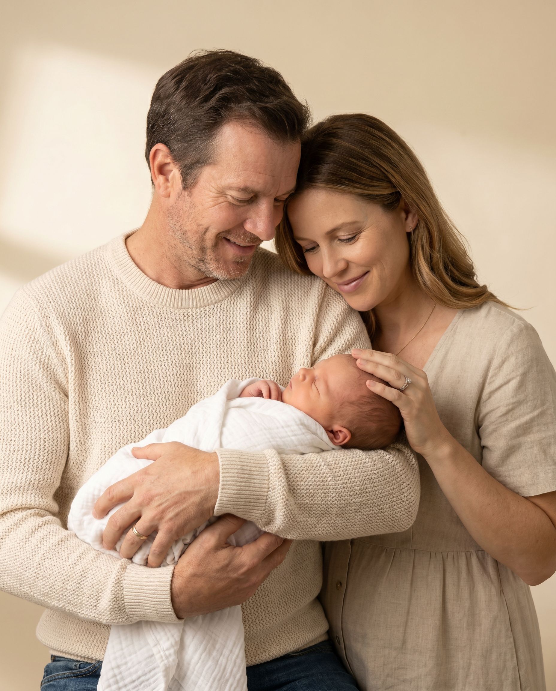 Parent cradling swaddled newborn in soft studio portrait