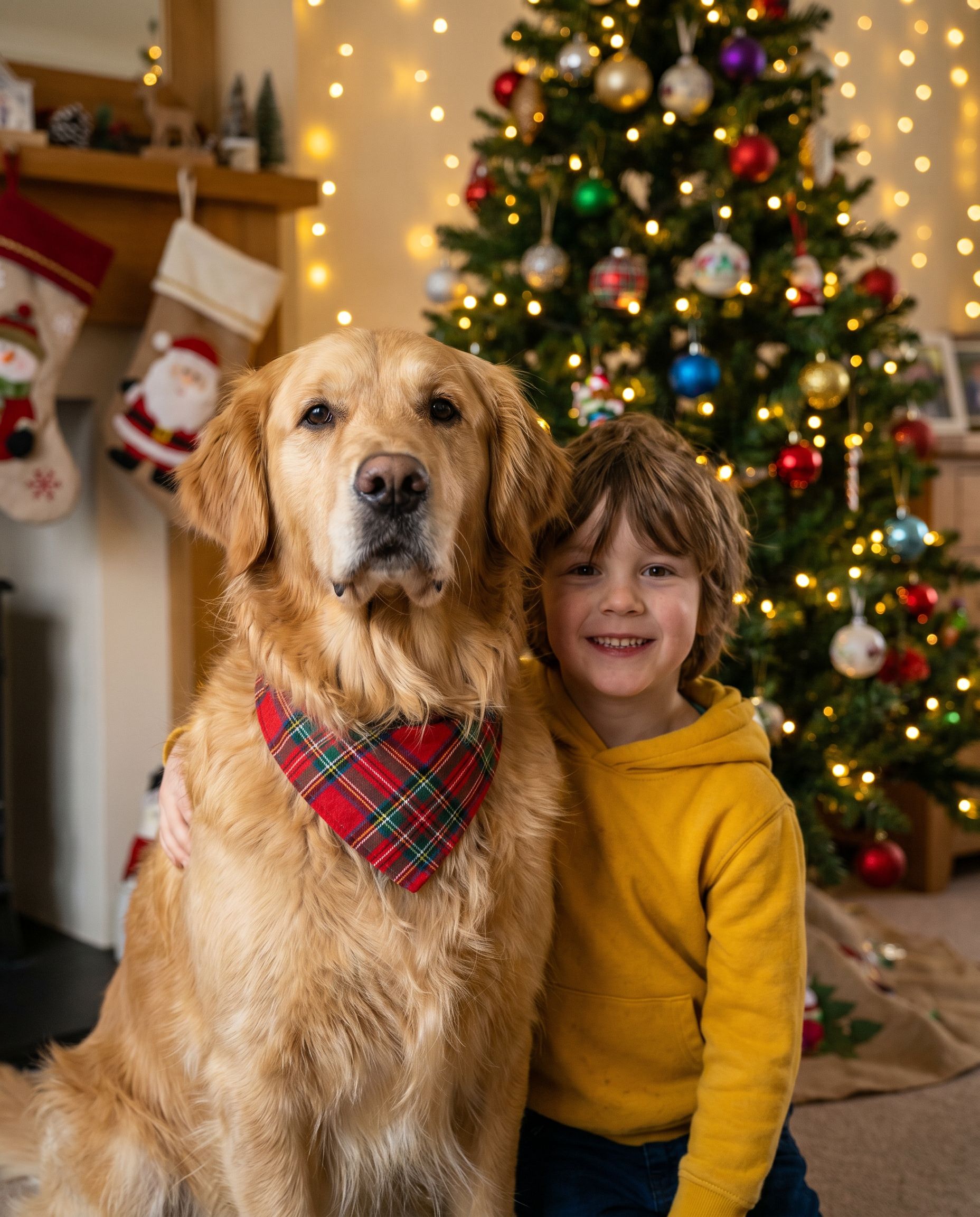 Boy and dog Christmas pet portrait by the fireplace