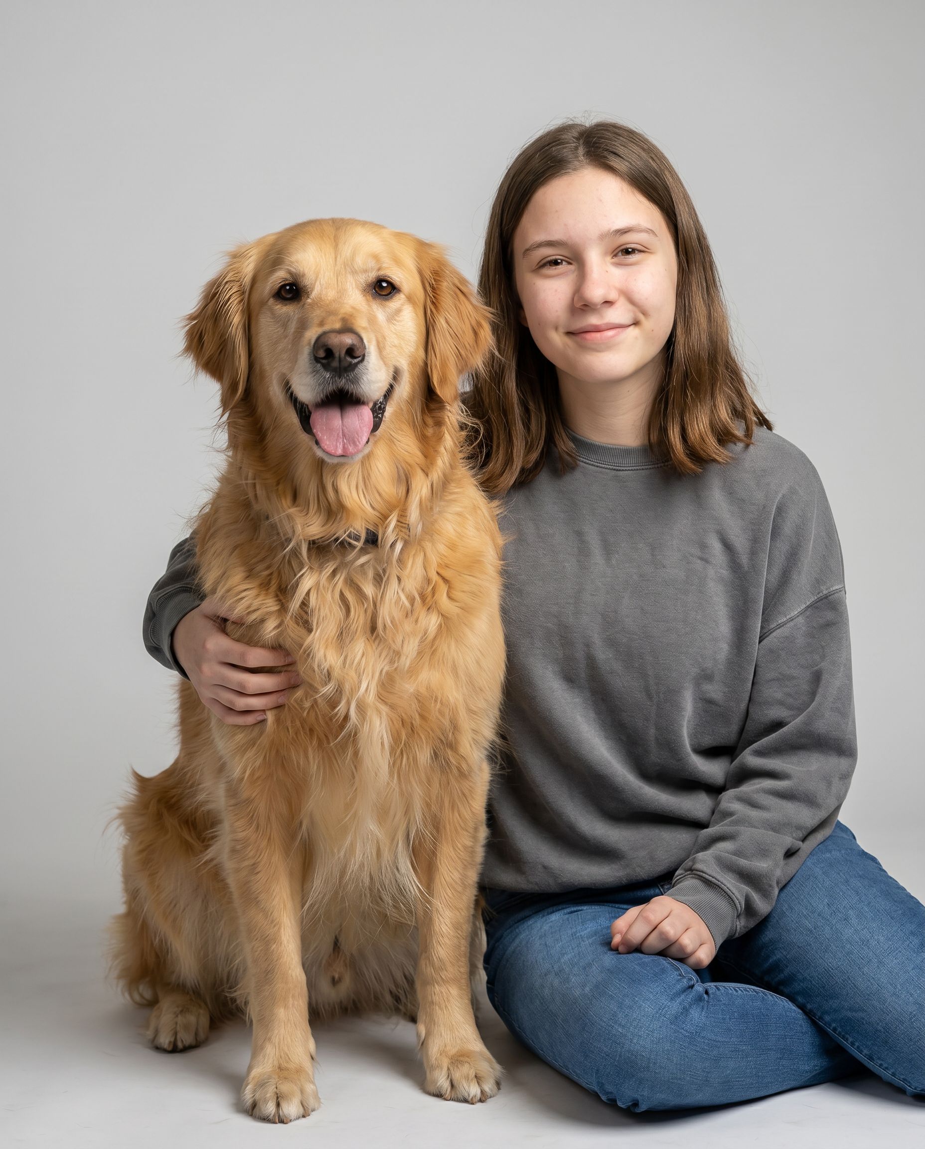 Girl posing with her dog in a studio pet portrait