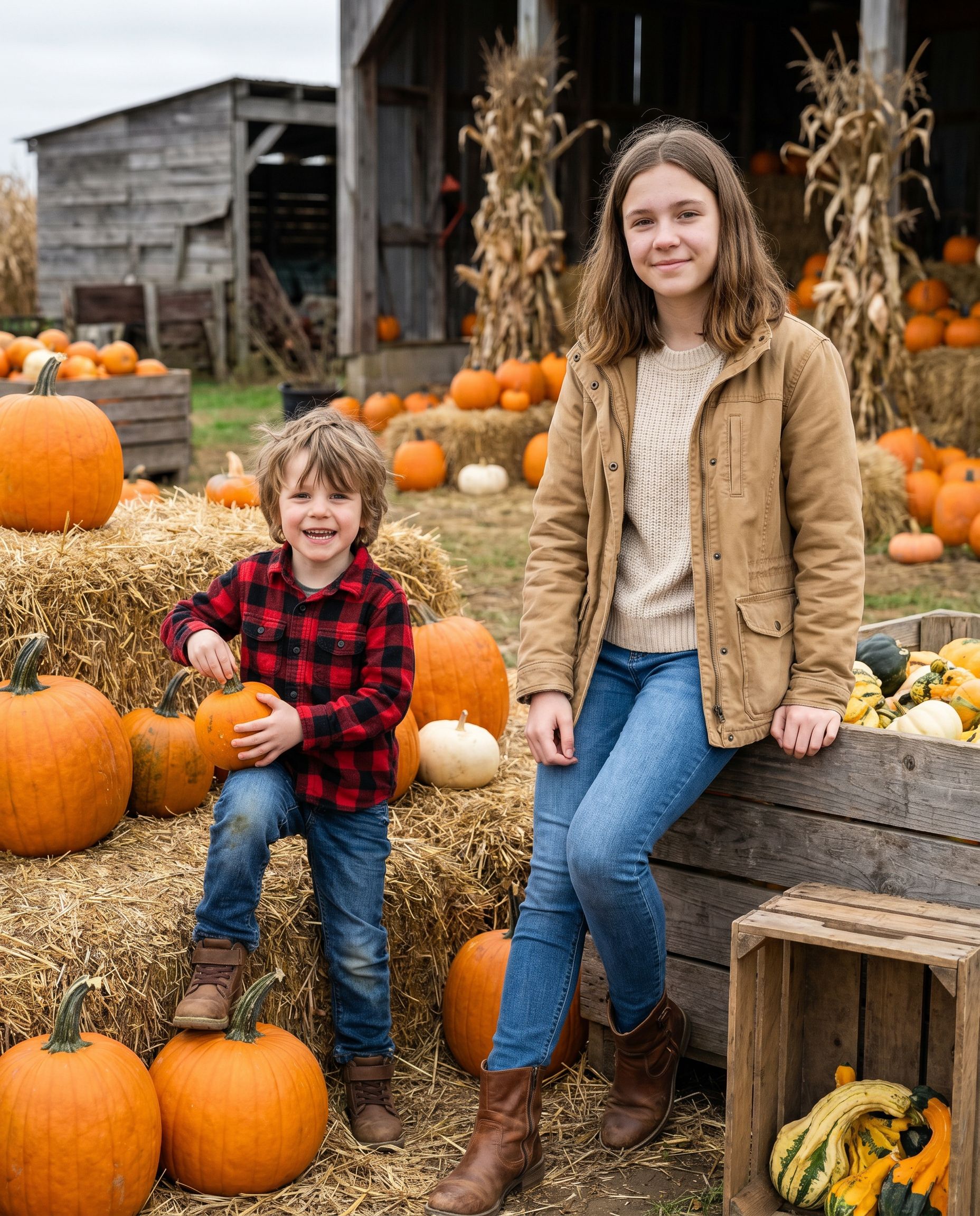 Kids fall photoshoot with pumpkins and hay bales