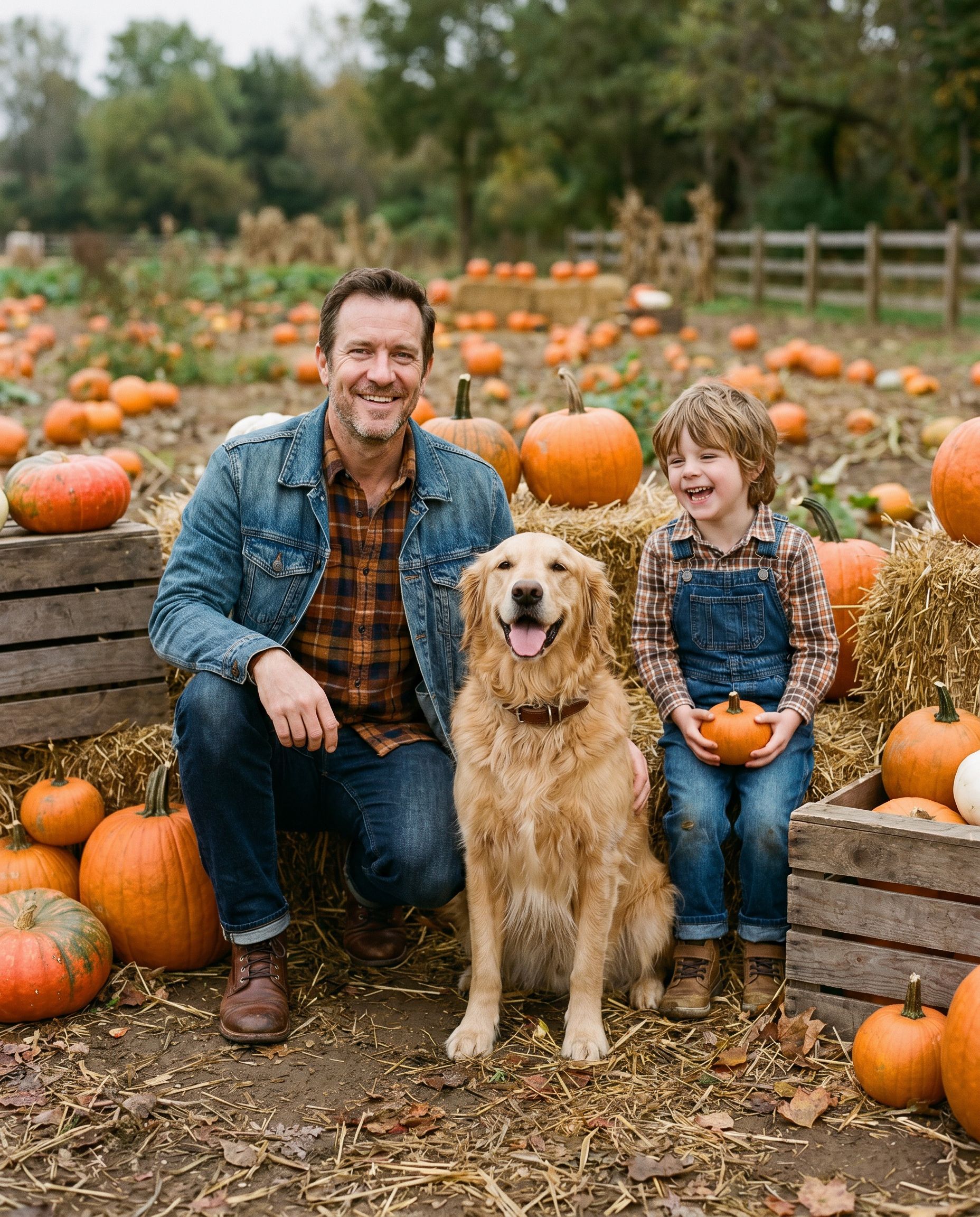 Dad, son, and dog at a pumpkin patch fall photo