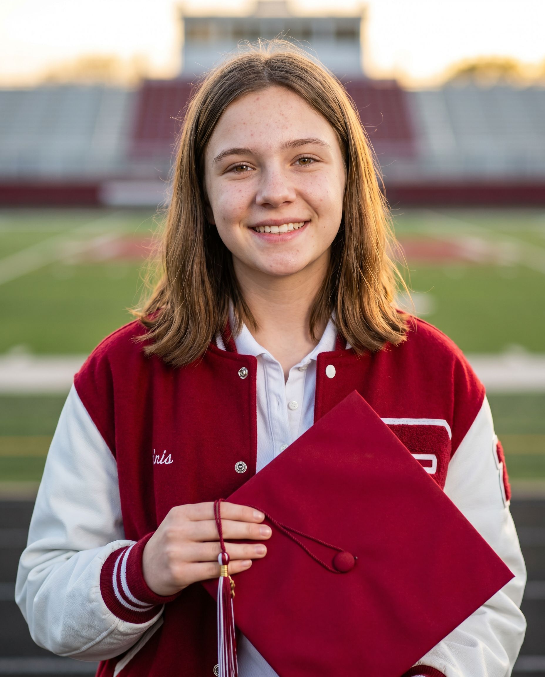 Graduation senior portrait with cap in crimson school colors