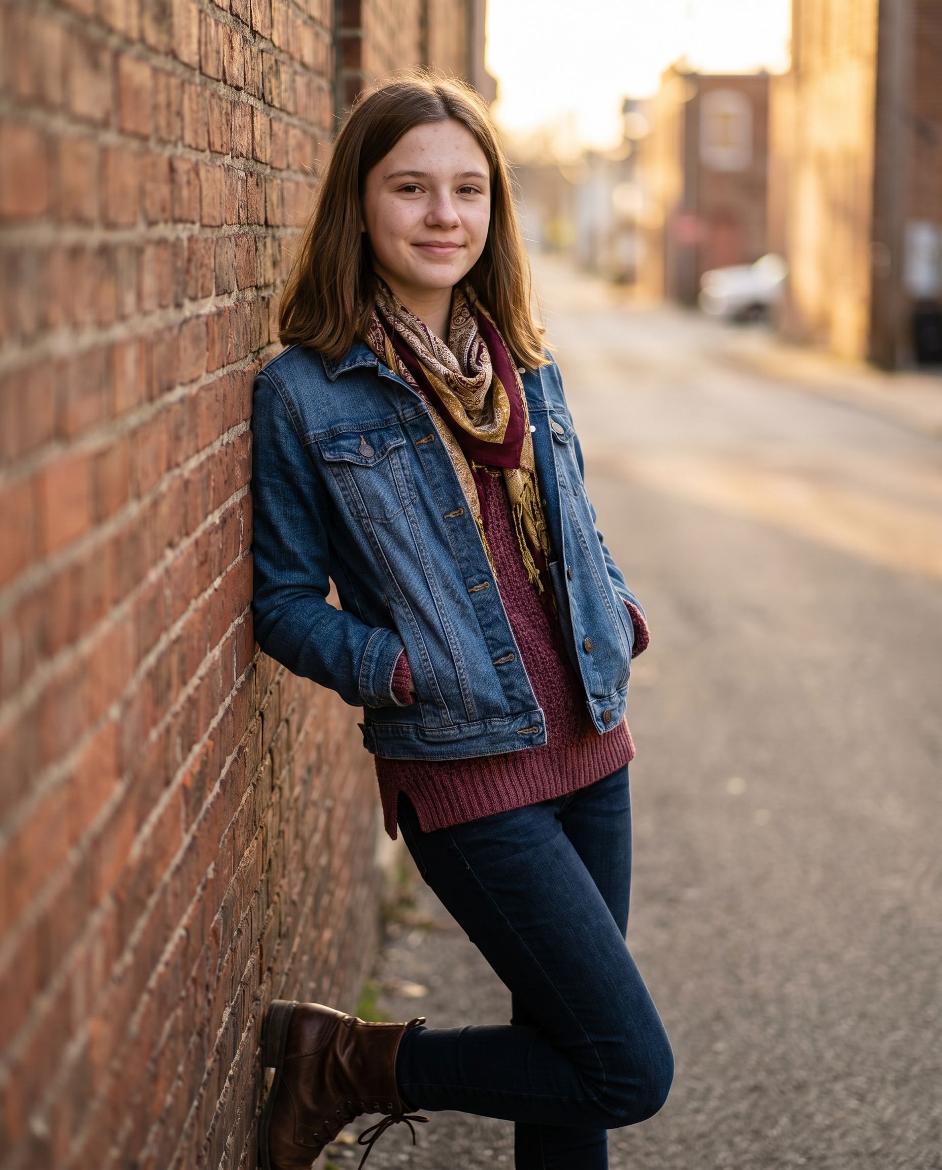 Urban senior photoshoot at dusk with string lights